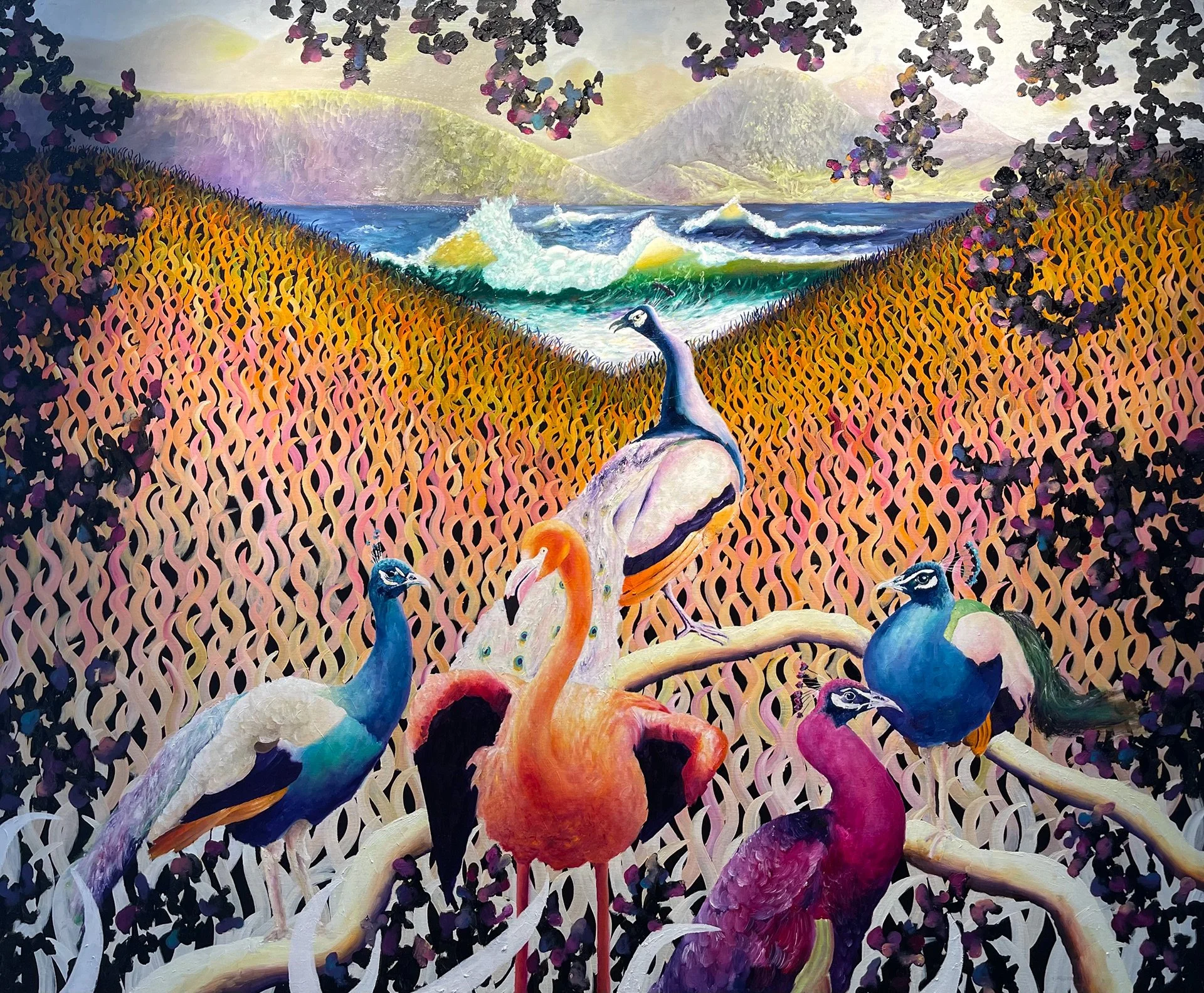 Colorful abstract painting of a natural landscape showings mountains, ocean, and ships in the background with peacocks and other birds in the foreground.