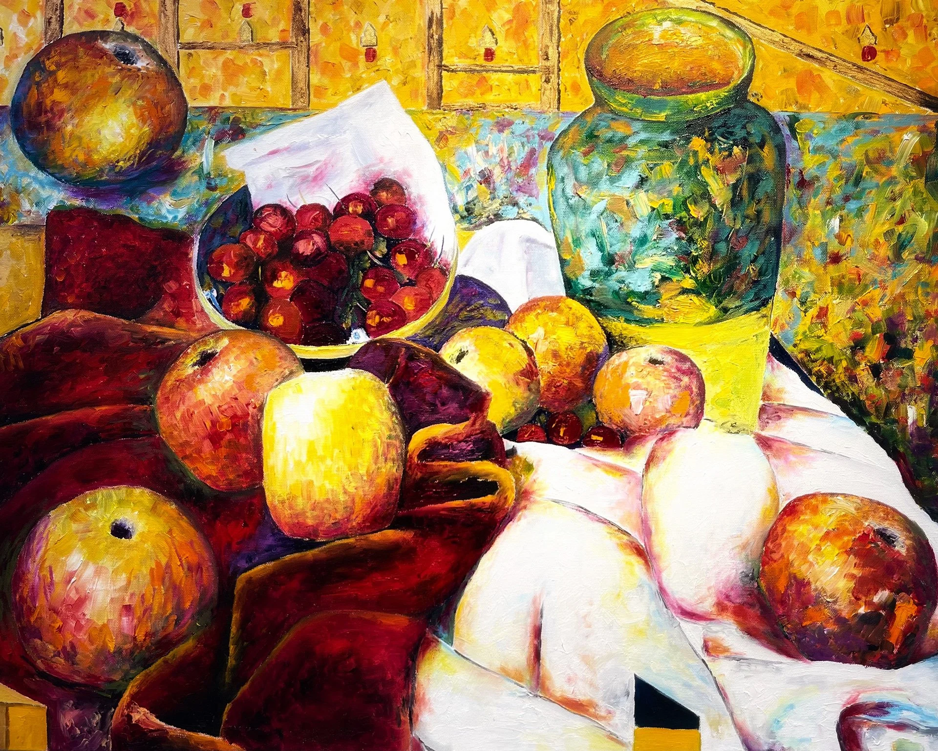 A colorful still life painting featuring various fruits, a glass jar, a bowl, and a white cloth on a table with a yellow and orange background.