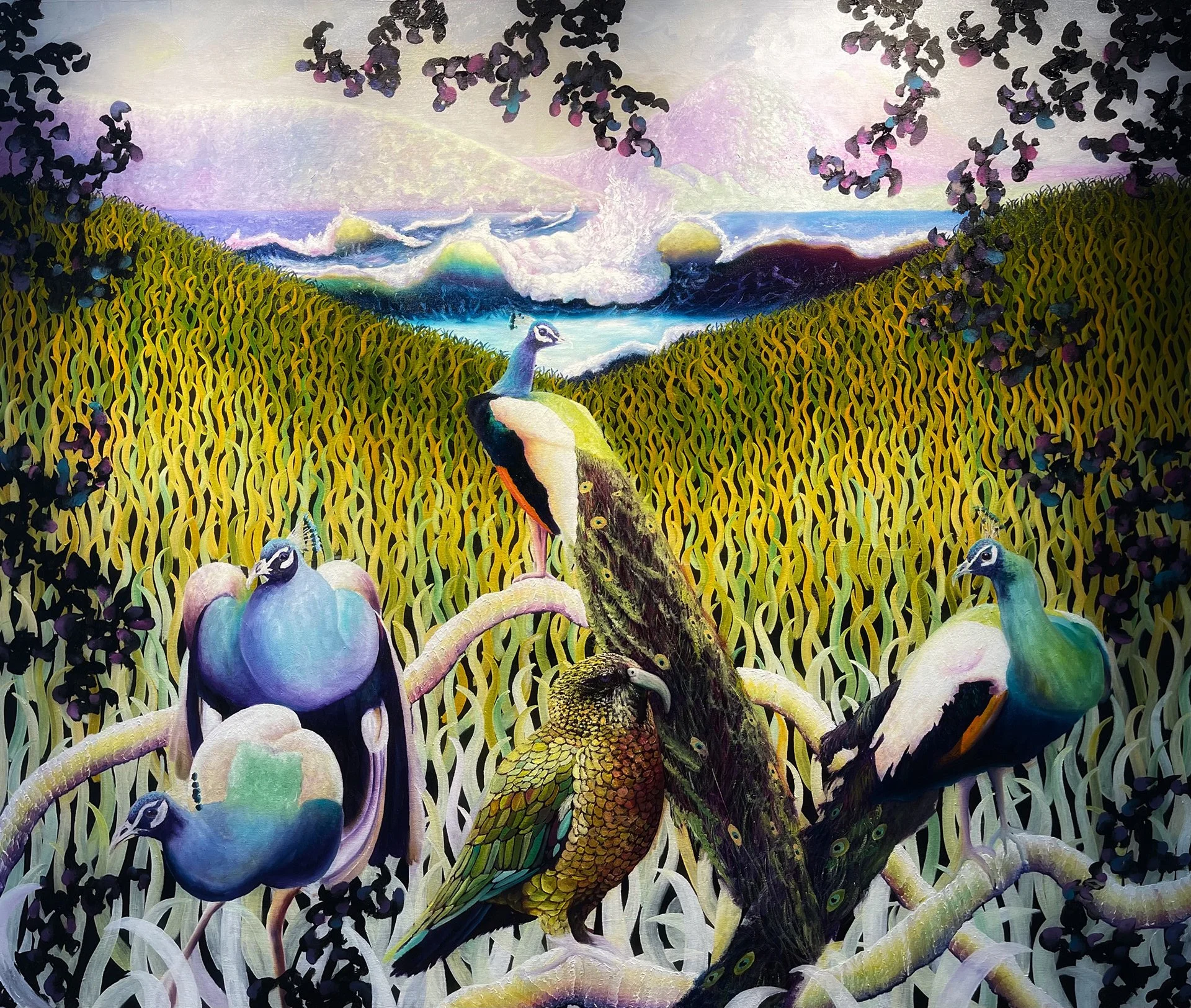 Colorful painting of peacocks on a branch in a lush landscape with mountains, water, and blooming trees in the background.