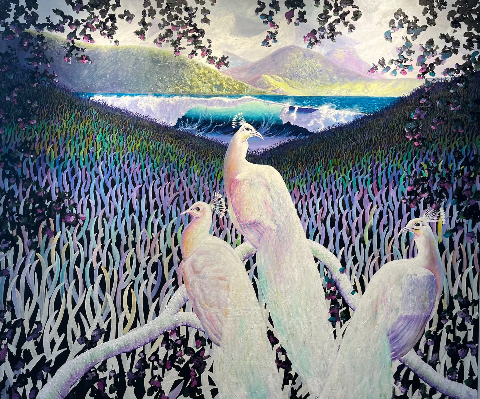 A painting of white peacocks in a landscape with green hills, a body of water, purple and black foliage, and mountains in the background.