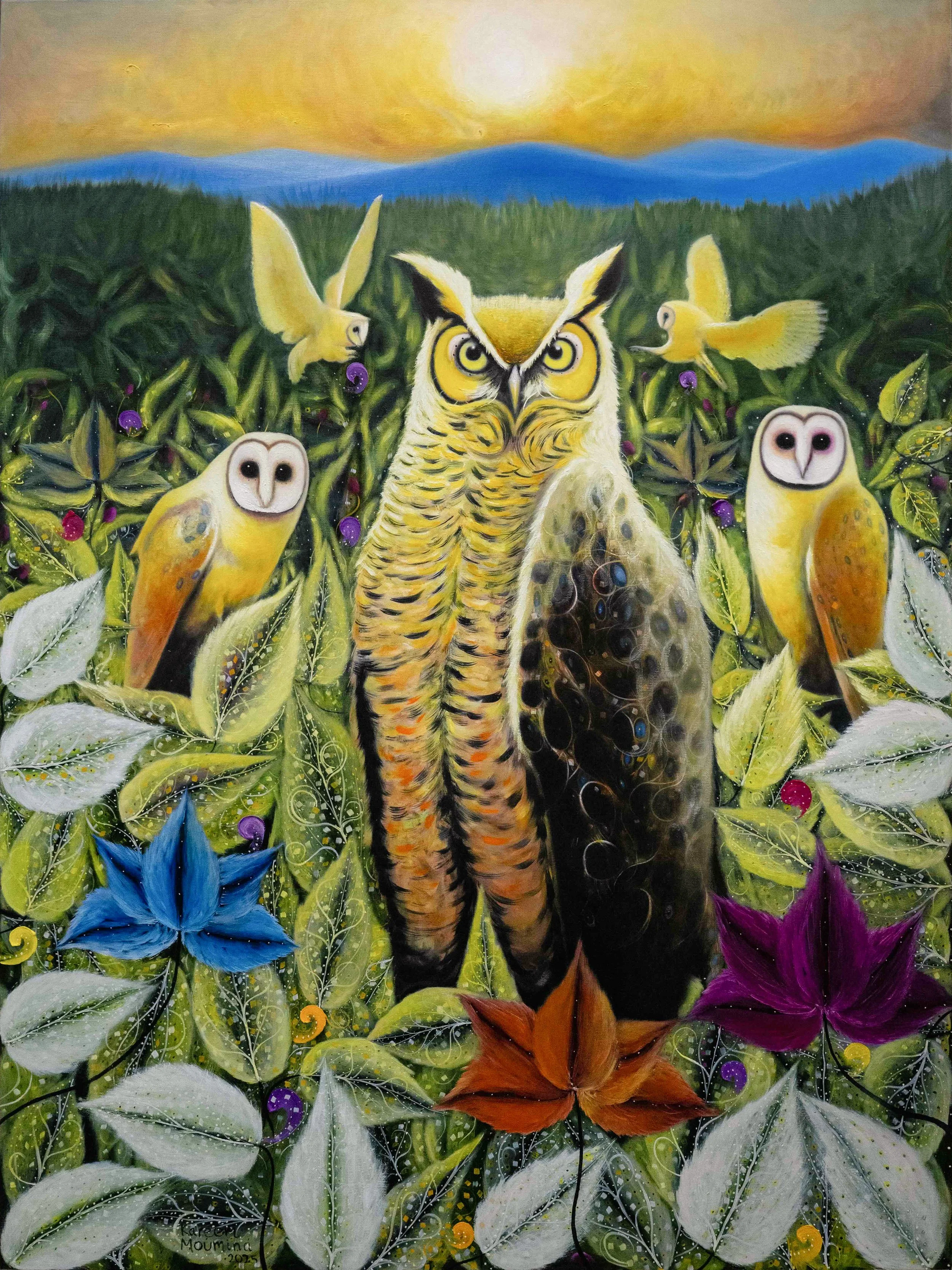 Colorful painting of an owl with yellow eyes at center, surrounded by white and yellow owl-like creatures with wings, set against a vibrant background featuring a sunrise over mountains and lush green foliage with purple, blue, and orange flowers.