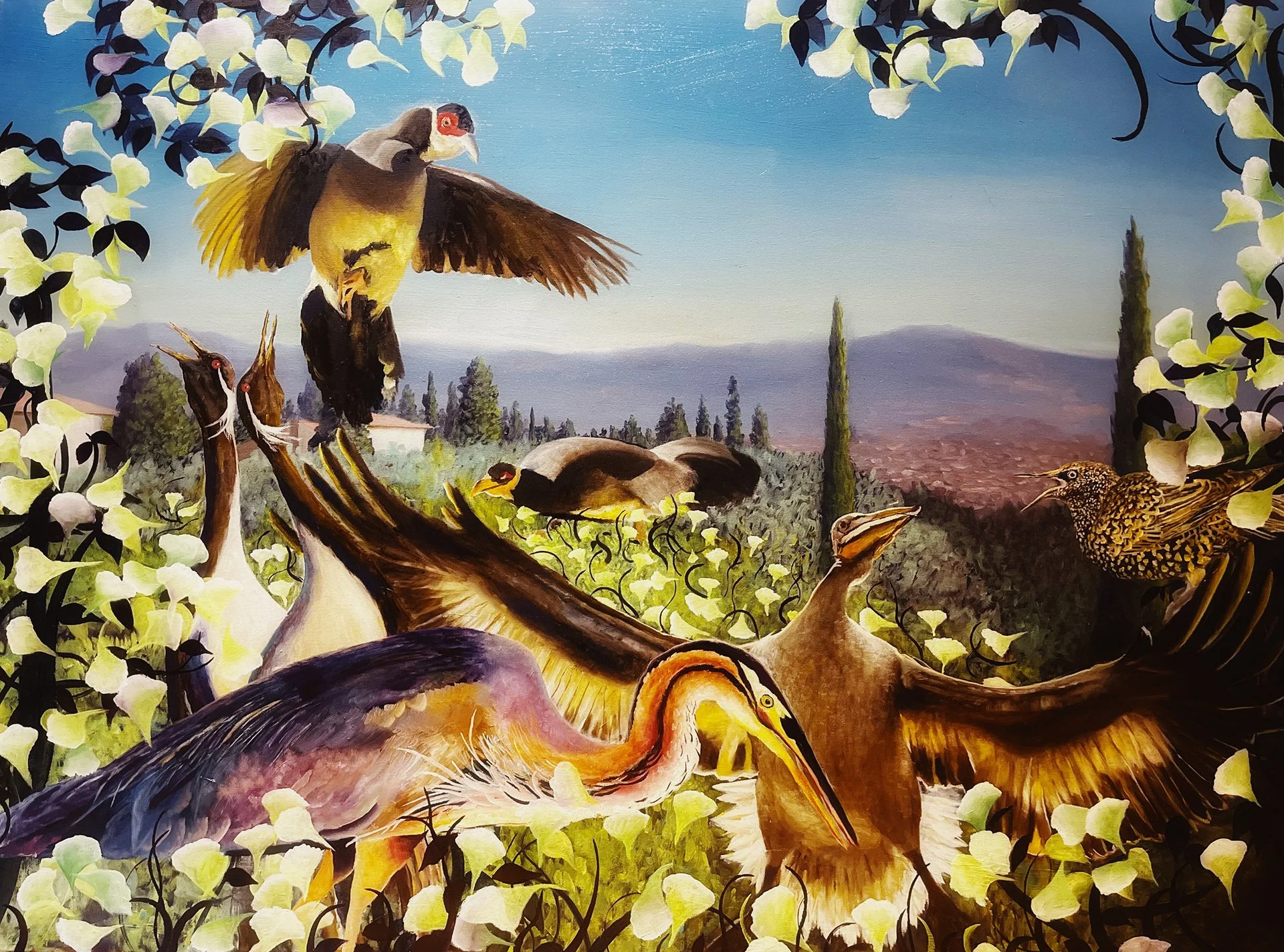 Colorful painting of various birds, including a large bird with a crest and others perched on branches, set against a landscape with trees and rolling hills, surrounded by flowering vines.
