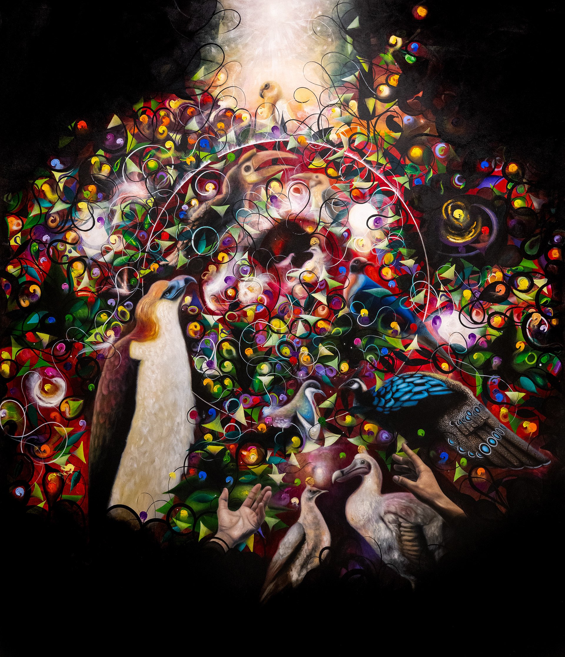 A vibrant, abstract mural featuring various birds such as parrots, toucans, and peacocks surrounded by colorful, swirling patterns and shapes, with hands visible at the bottom and a bright light at the top center.