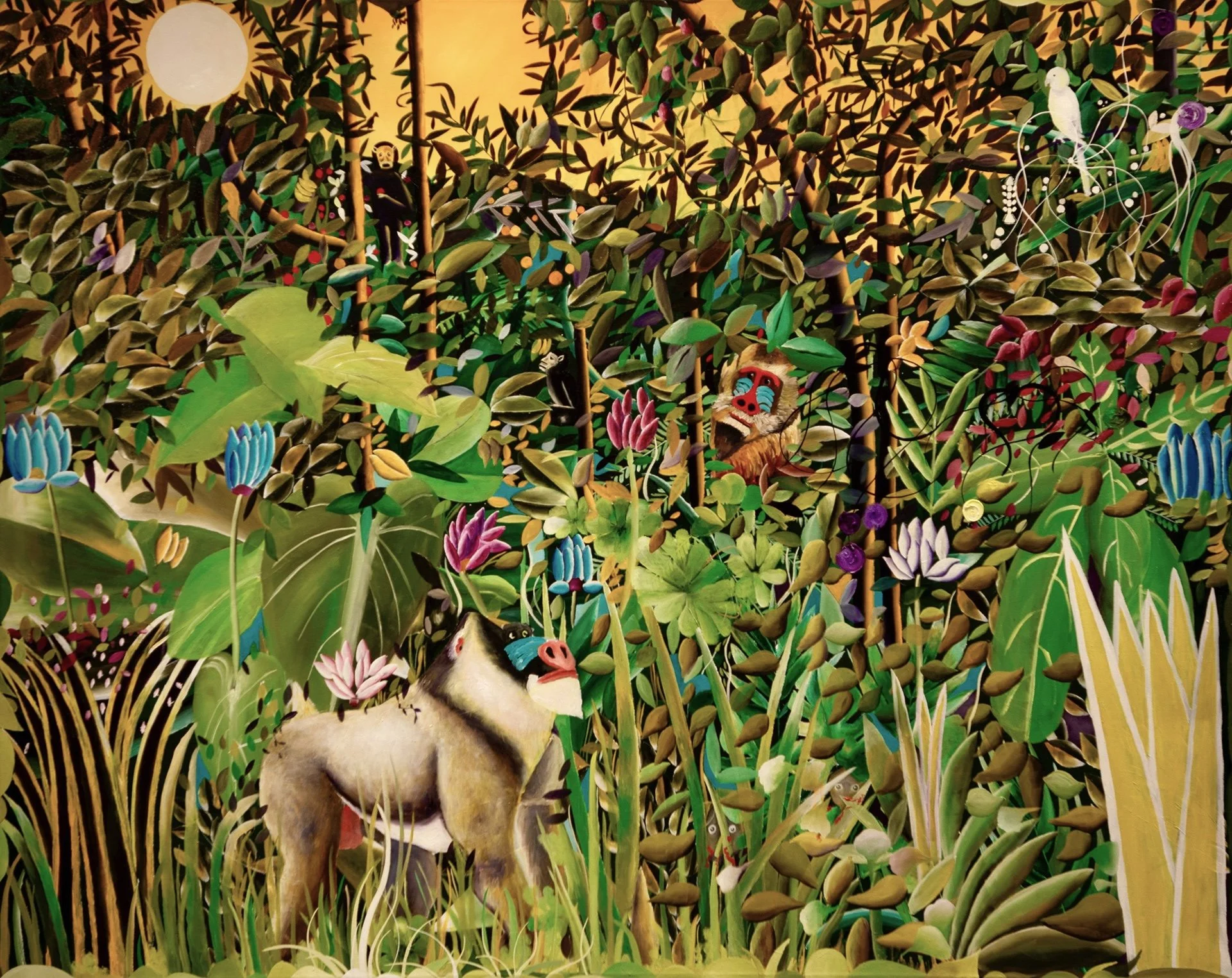 Colorful jungle scene with various animals including a gorilla, lemurs, a dog, and birds among lush greenery, flowers, and tall grass, under a bright moon.