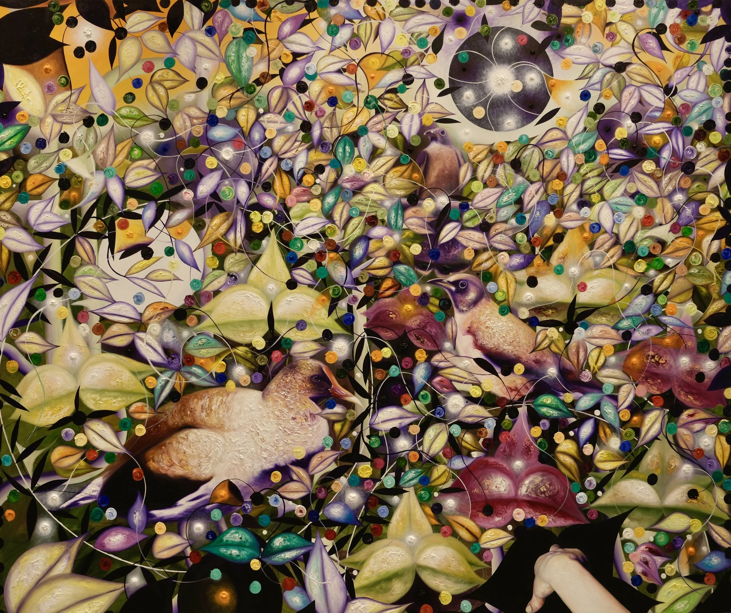 Colorful abstract art featuring numerous painted leaves, circular dots, and two small birds among vibrant, swirling designs.
