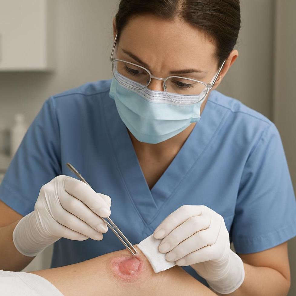 Medewerker in medische kleding verzorgt een wond op de arm van een patiënt in een klinische setting.