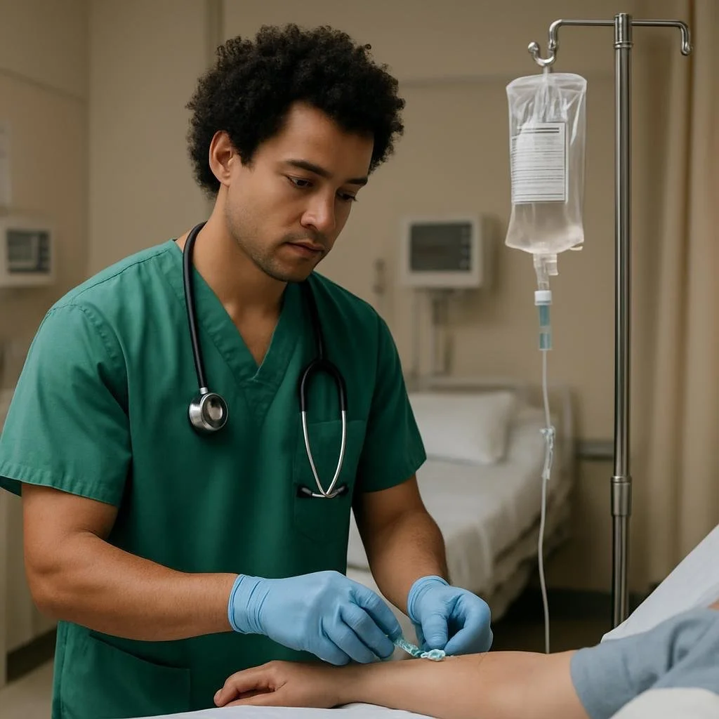 Een verpleegkundige of arts in groene uniform en blauwe handschoenen geeft een injectie aan een patiënt in een ziekenhuiskamer, met een infuuszak aan een staander op de achtergrond. In de interne geneeskunde.