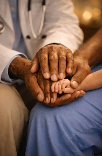 Een arts houdt de hand van een patiënt vast, samen met een peuterhand.