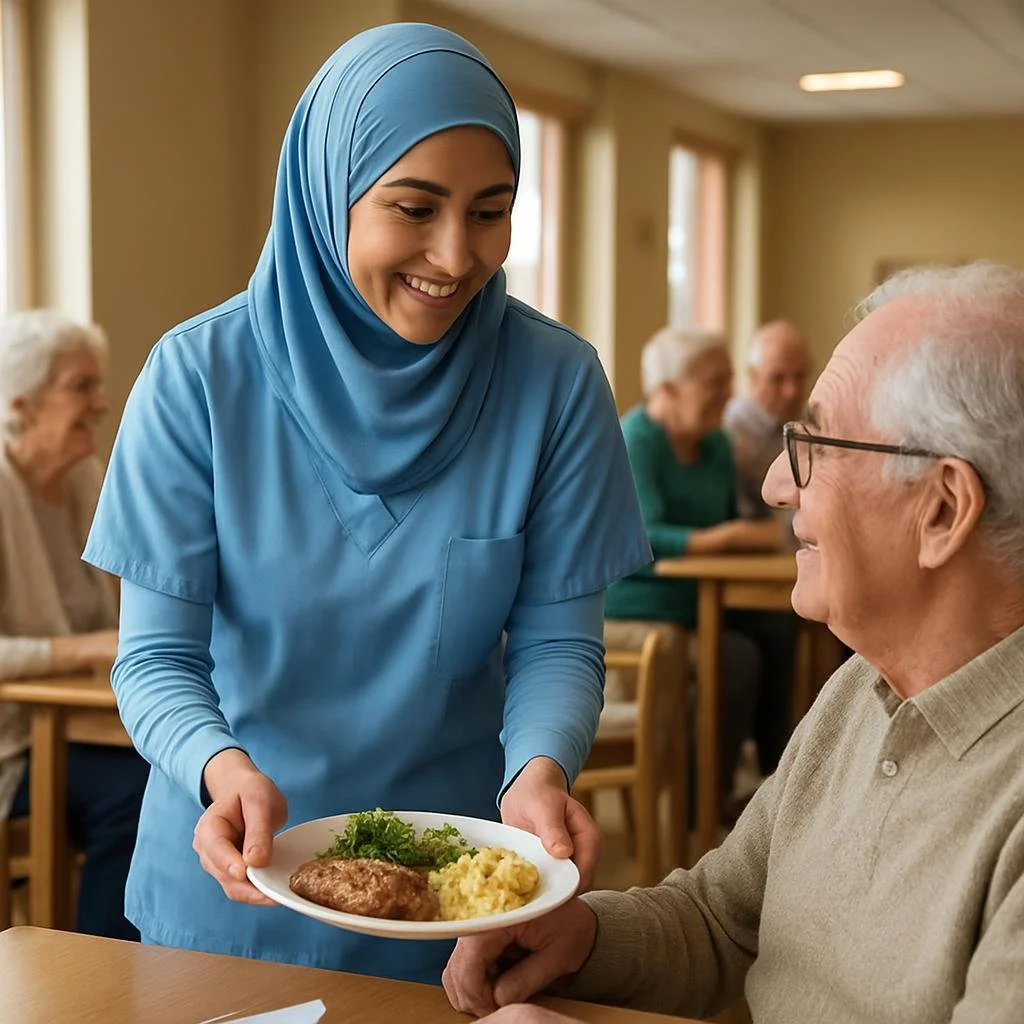 Vrouw in verpleegstersuniform serveert een bord met eten aan een oudere man in een verzorgingshuis. In de geriatrische afdeling.