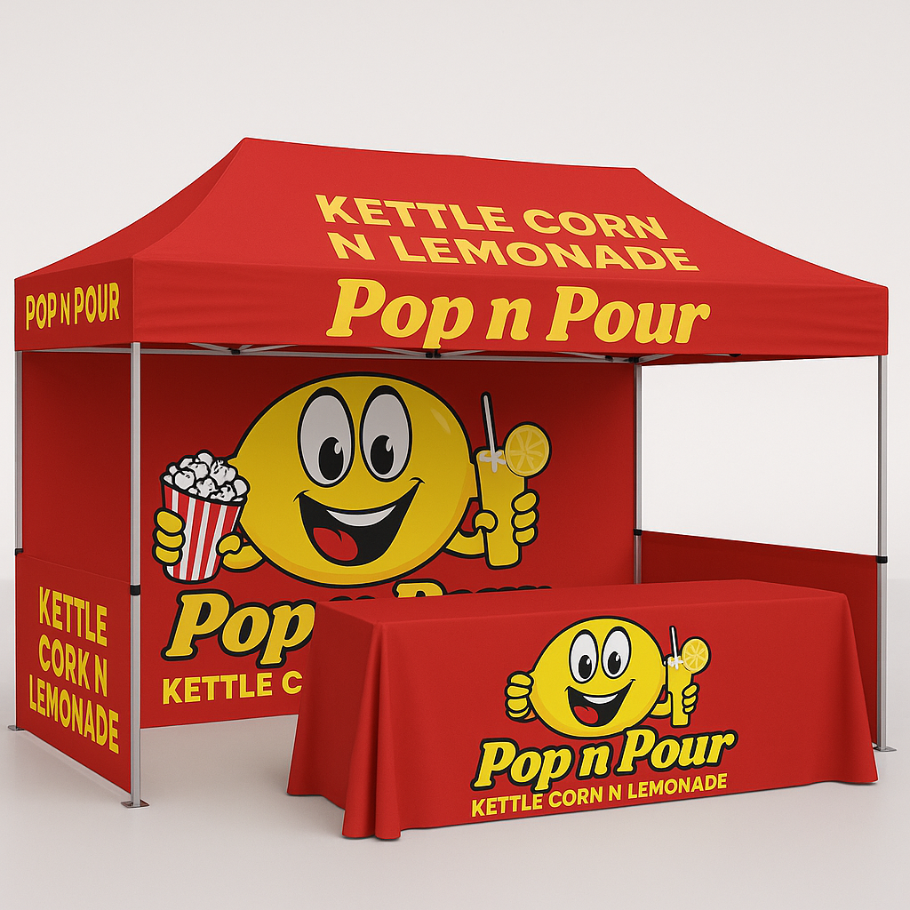 Red pop-up stand with yellow promotional text and cartoon logo of a smiling lemon character holding popcorn and a lemonade drink.