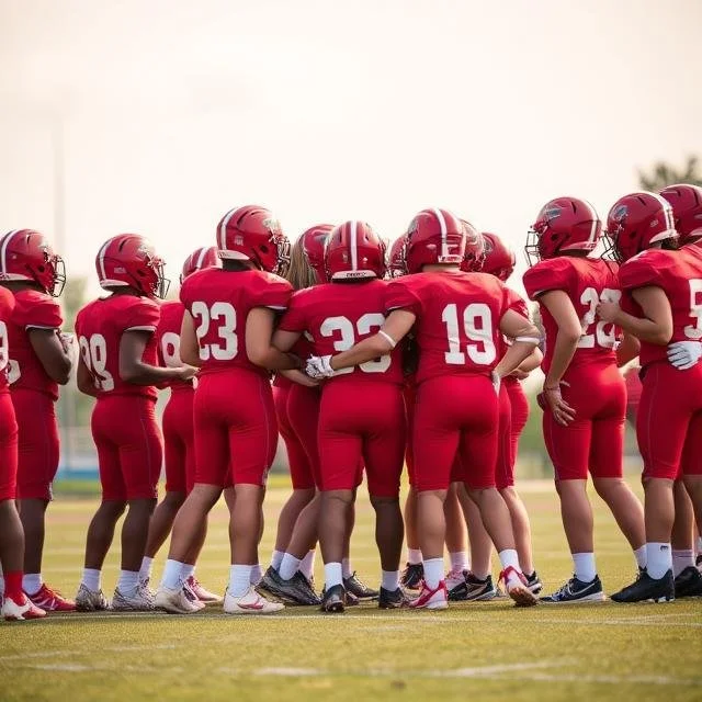 American football players in red uniforms huddled together on the field