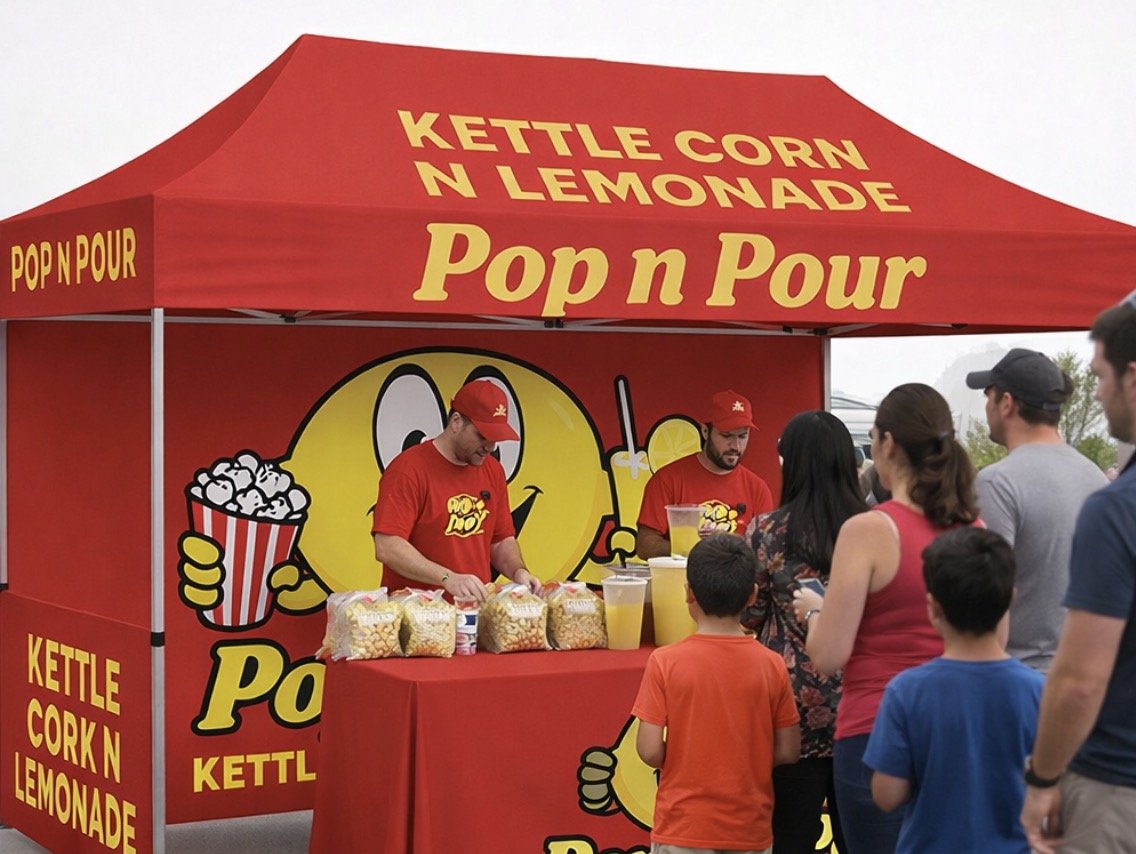Pop n Pour popcorn and lemonade stand with a red canopy and cartoon yellow lemon mascot, serving customers in line.