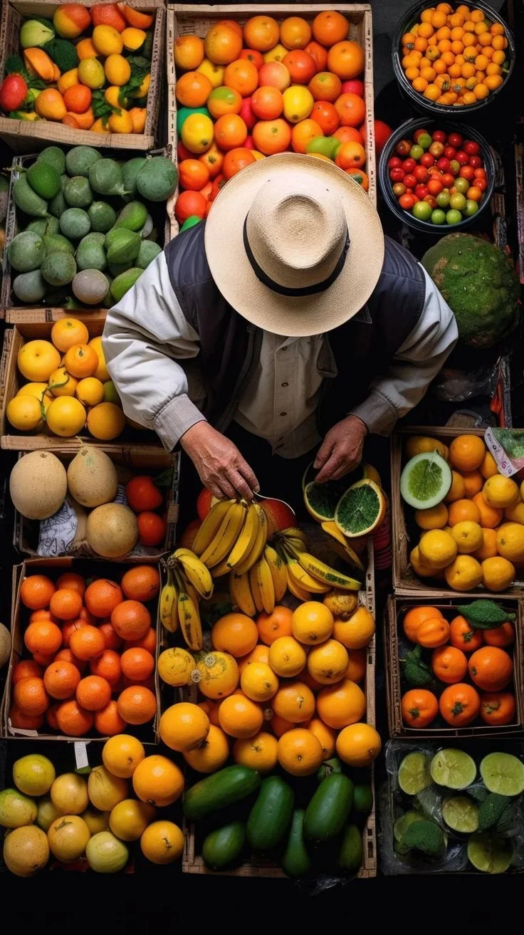 A person wearing a large straw hat and a jacket is shopping for various fresh fruits at a market. The fruits include oranges, lemons, bananas, avocados, watermelons, limes, and small tomatoes, displayed in wooden crates and plastic containers.