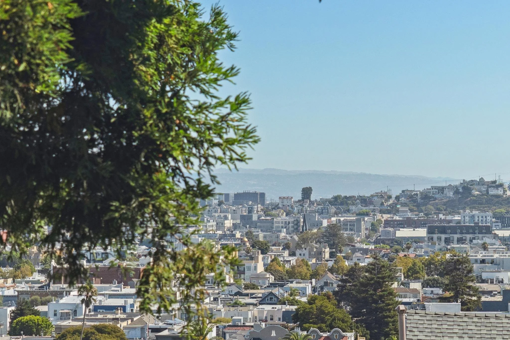 Cityscape of a densely packed urban area viewed from an elevated point with green trees in the foreground and a clear blue sky.