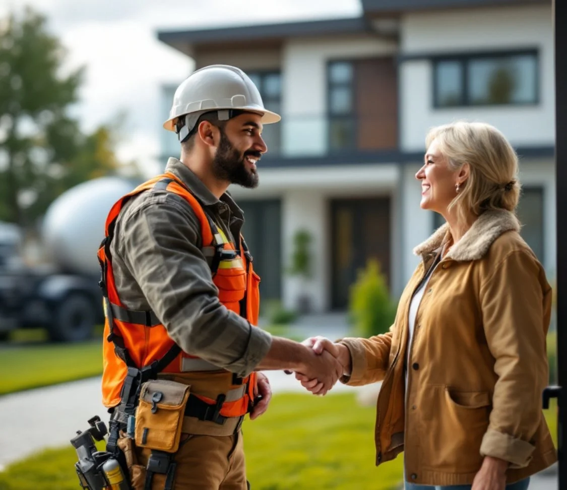A construction worker and an older woman shaking hands in front of a modern building on a residential street.