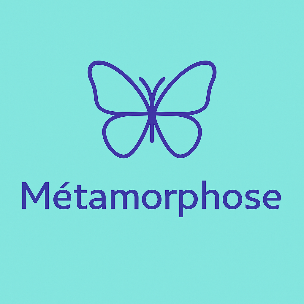 Une illustration d'une papillon stylisé avec le mot 'Métamorphose' en dessous, sur un fond bleu clair.