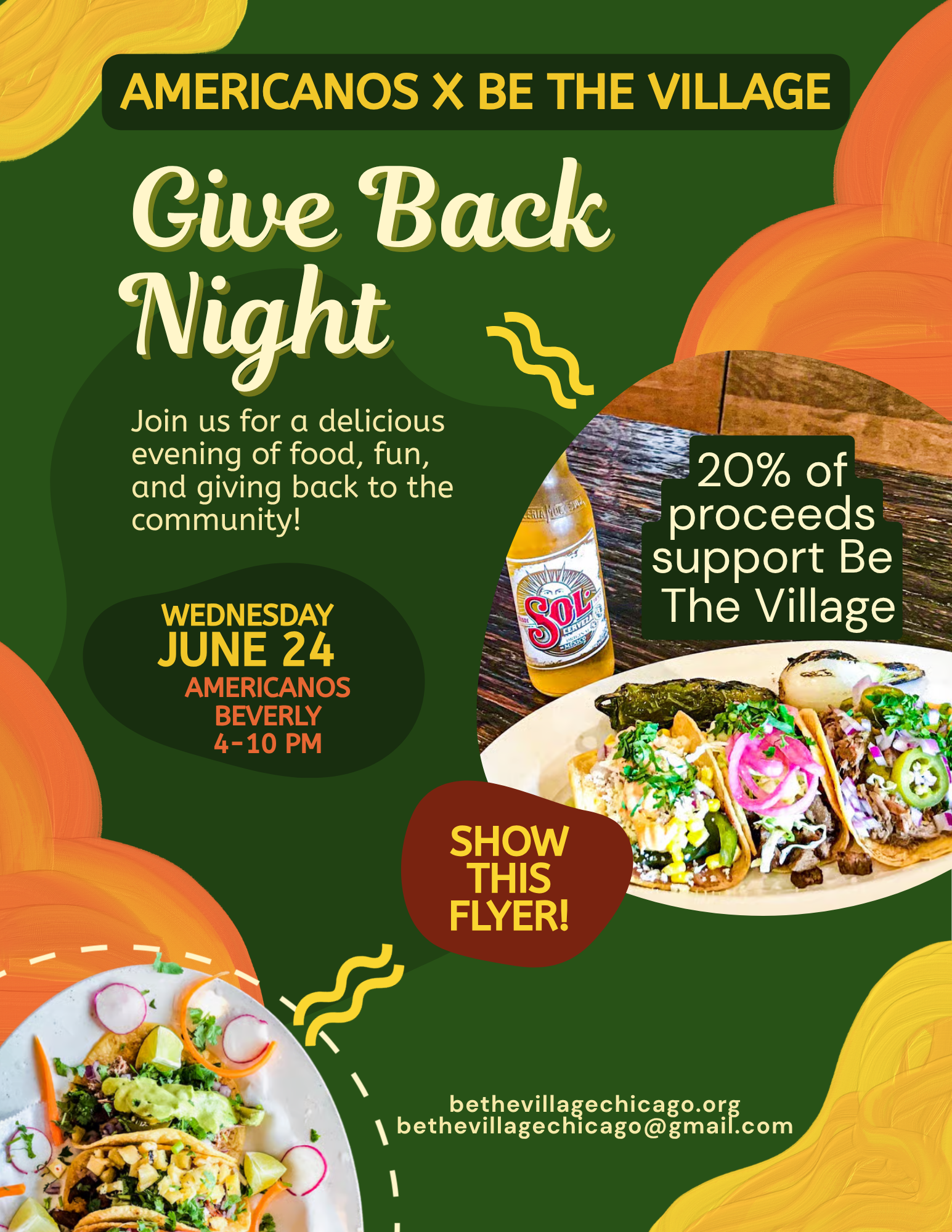 Join us at Americano’s on Wednesday, June 24 for Give Back Night! Show this flyer or mention Be The Village to your server for a portion of your bill to be donated directly to Be The Village.