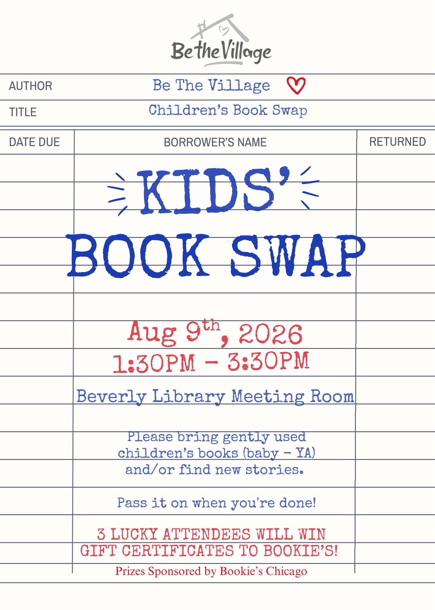Kids' book Swap at Beverly Library August 9 from 1:30-3:30 p.m. Bring any gently used children's books and exchange for new reads!