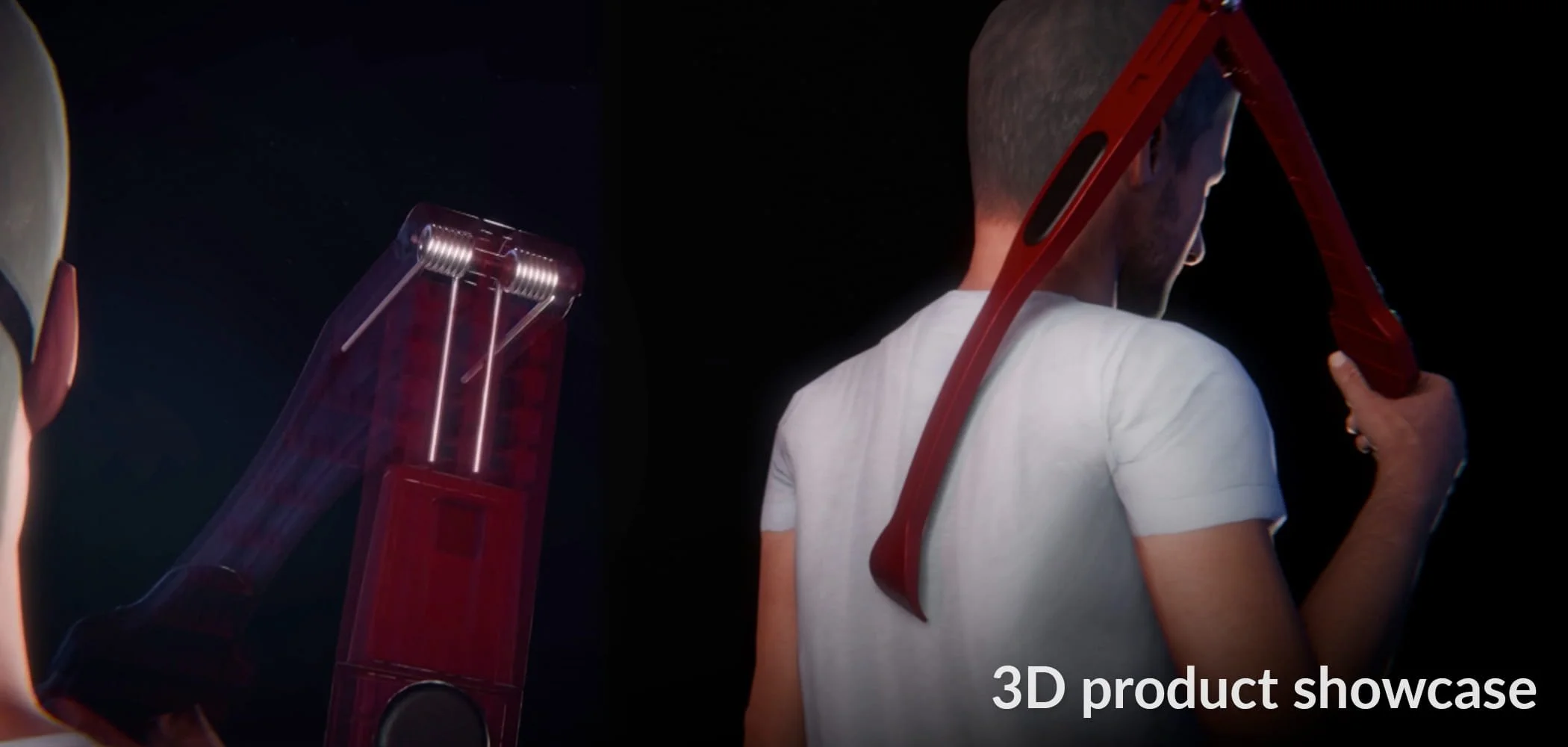 3D product showcase featured image showing a screenshot of a video animation with a fully animated person using a back scratching device