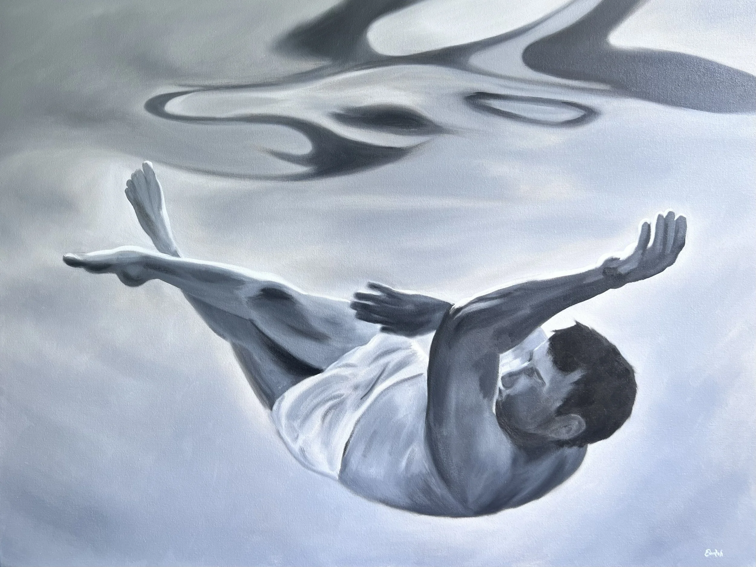 Suspended Animation, 2026. Oil on canvas. 40 x 30 in. (101.6 x 76.2 cm). By Alexander Eiserloh. Oil painting of a man swimming underwater. Black and white oil painting. There are reflections of the man at the top in the water's surface. 