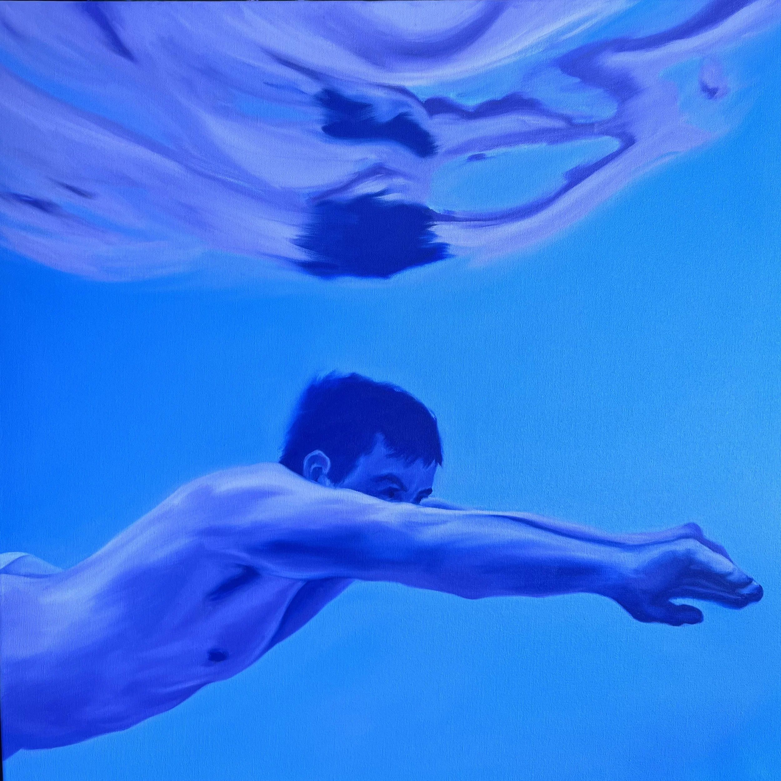 Swimming Underwater 1, 2026. Oil on canvas. 30 x 30 in. (76.2 x 76.2 cm). By Alexander Eiserloh. Oil painting of a man swimming underwater. Colors are blue tones and violets. There are reflections of the man at the top in the water's surface. 