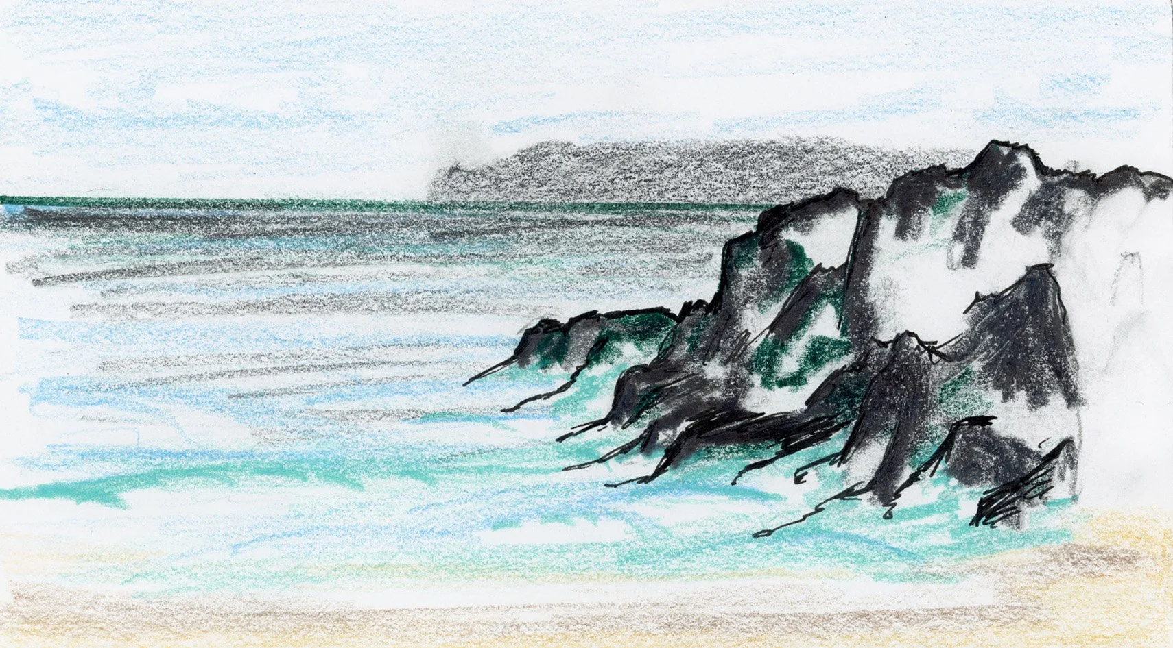 Big Beach, Maui, Hawaii. 2025. Color pencil on paper.  Drawing of lava rocks cascading into the ocean. 