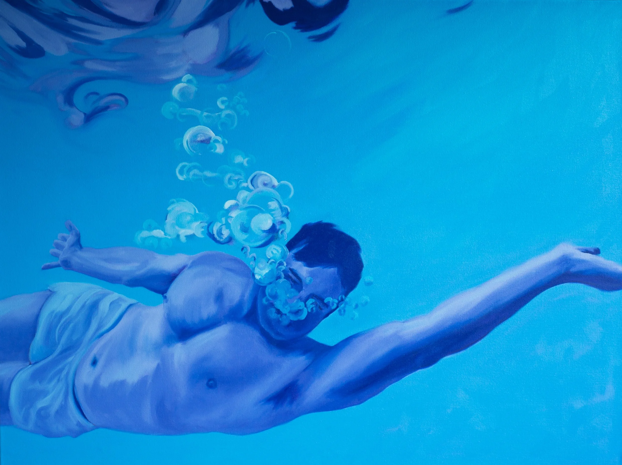 Swimming Underwater 2, 2026. Oil on canvas. 40 x 30 in. (101.6 x 76.2 cm). By Alexander Eiserloh. Oil painting of a man swimming underwater. Colors are blue tones and violets. There are reflections of the man at the top in the water's surface. 