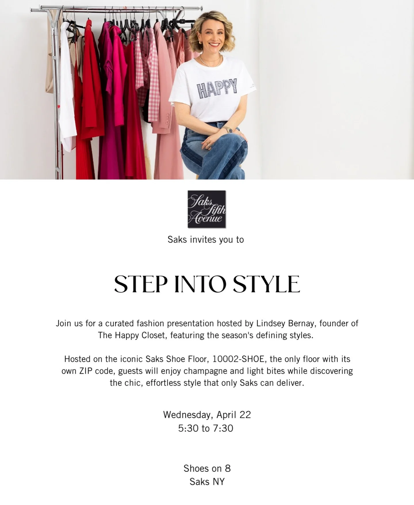 The Happy Closet x SAKS is launching the styling collab you&rsquo;ve been waiting for ⭐️

Figure out what you have, discover what you love - and build your own Happy Closet &trade;️

I&rsquo;ll look forward to styling with you at this Spring kick off