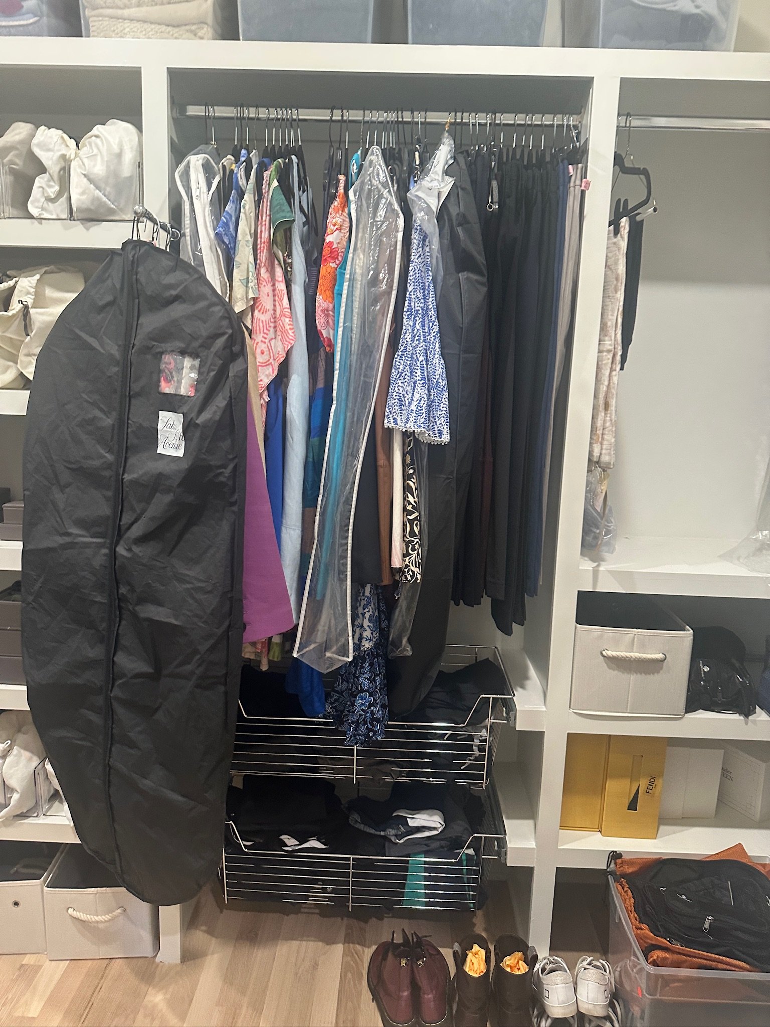 Closet with hanging clothes, shoes, and storage bins.