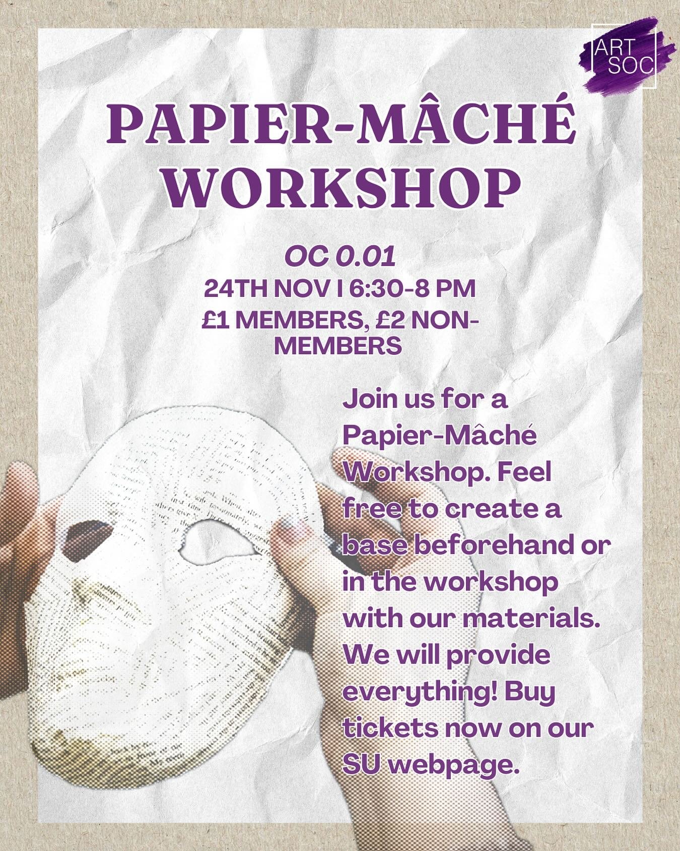 Join us on Monday for a papier-m&acirc;ch&eacute; workshop! Tickets are out now and we hope to see you there💜