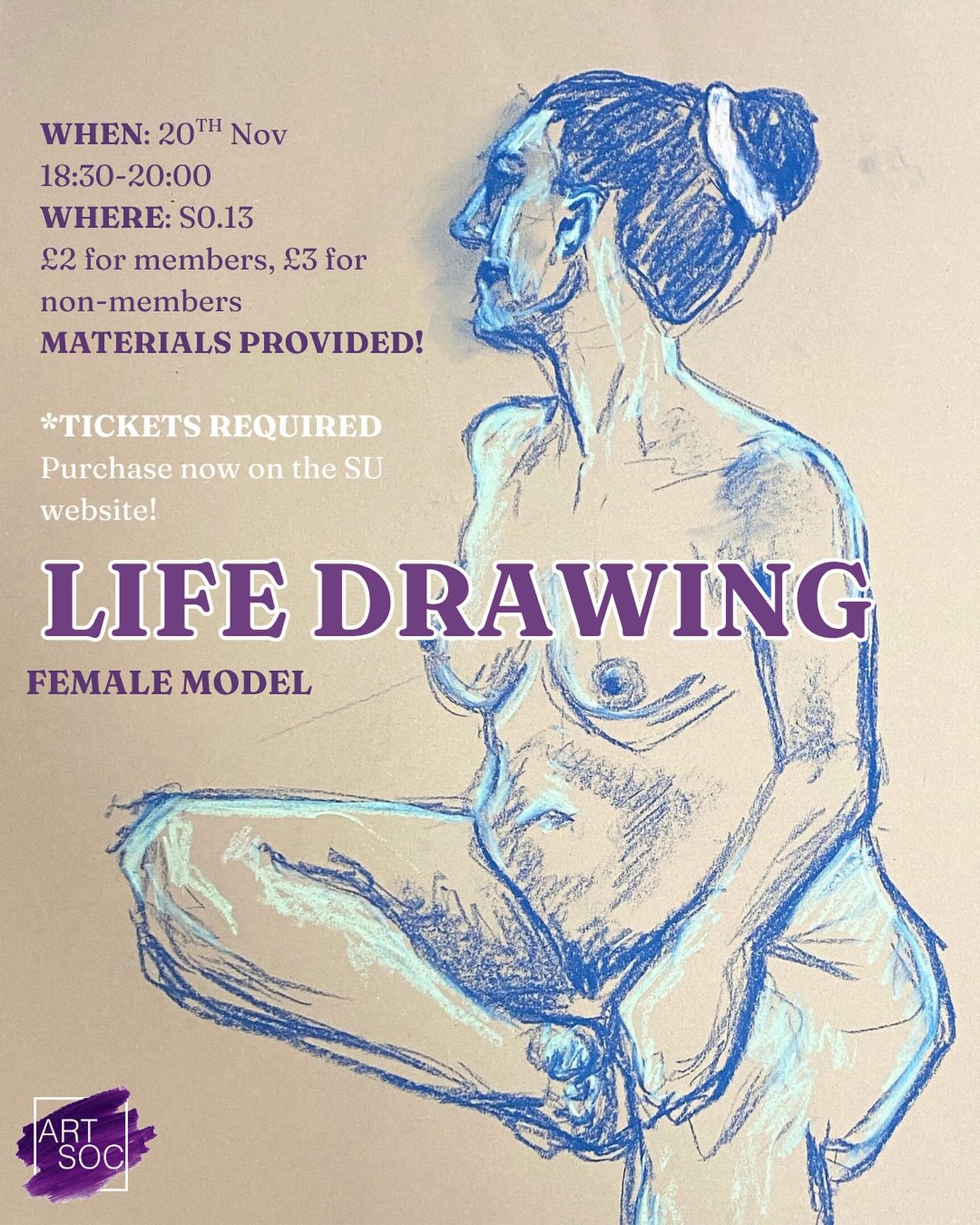 Join us this week for life drawing!! Use the link below or check the SU website to purchase your tickets and secure your spot💜

https://www.warwicksu.com/venues-events/events/4094/27549/