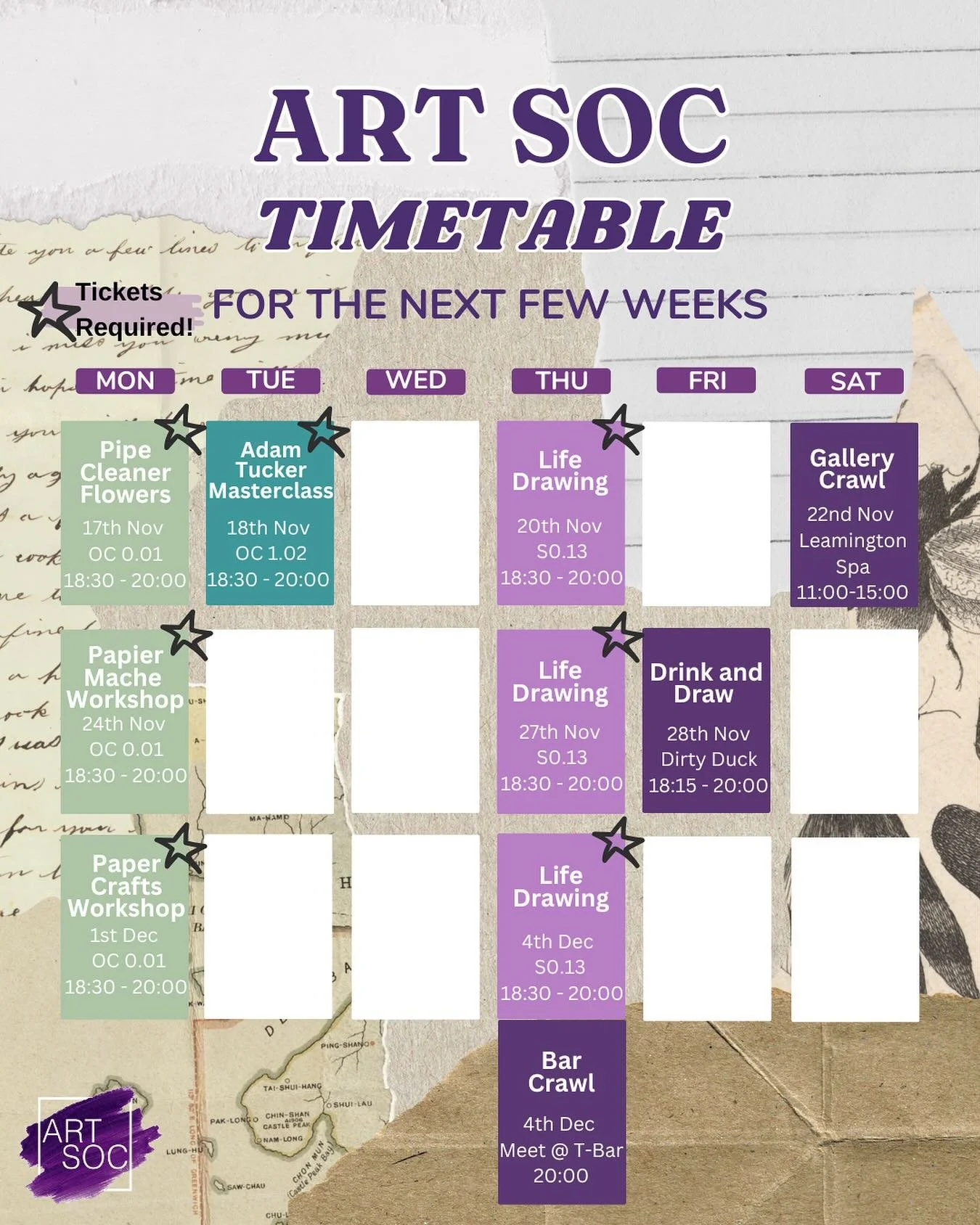 Here's what we have planned for Weeks 7-9! 💜 Please remember to buy tickets on the SU webpage for starred events. See you there!!