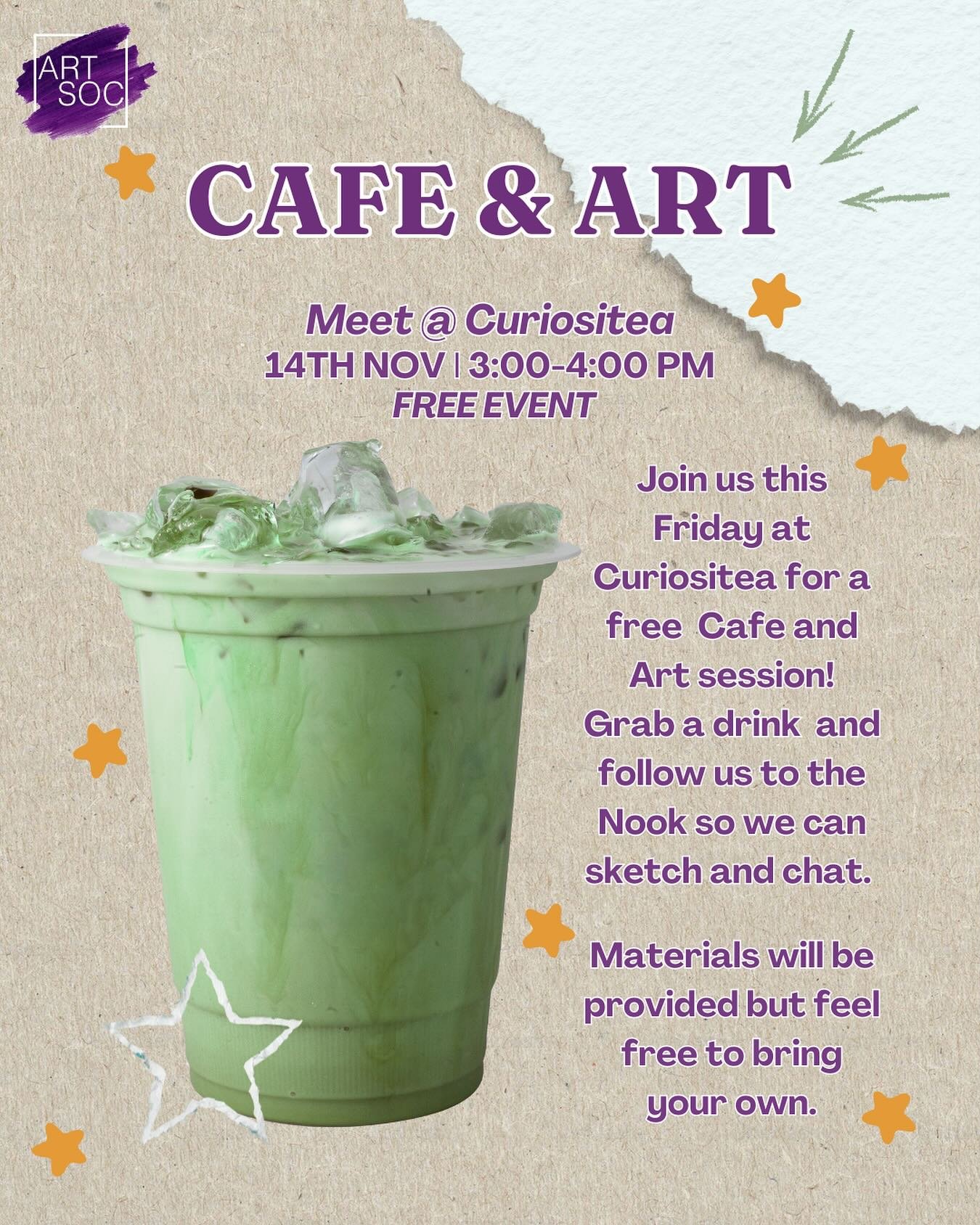 Join us for our chill social this week - a free Cafe and Art session! We're providing all the materials, so just bring yourself along and a couple friends so we can enjoy our drinks and catch up while sketching 💜😌 See you there !!
