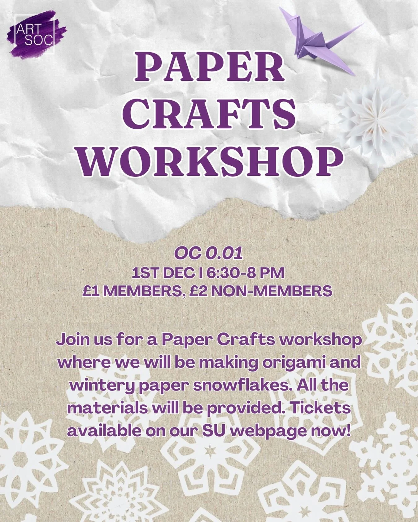 Come join us for our Paper Crafts workshop next Monday! Our lovely workshop coordinator will be teaching us some origami and providing all the materials for paper snowflakes to get us into that winter spirit ! ❄️💜