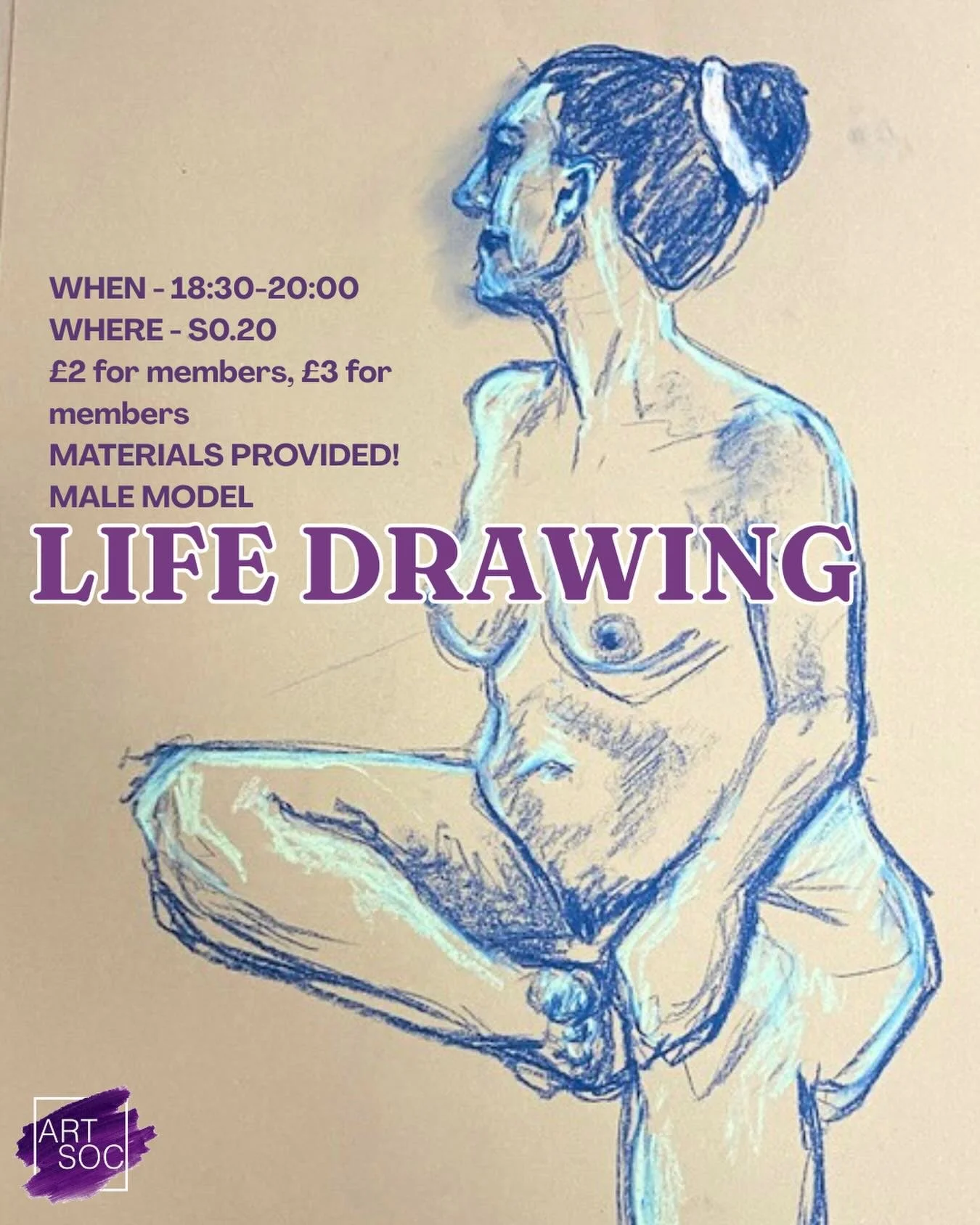 Tickets are now live for life drawing on Thursday!!! Get them through the SU website under artsoc or in the links in our bio!

See you there 🎨💜🖌️