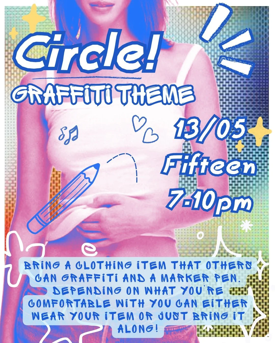 CIRCLE TIME! GRAFFITI THEME!

13TH OF MAY / FIFTEEN / 7-10PM

Sign up link in bio and on our su page!

The theme is graffiti! Bring a clothing item that others can graffiti and a marker pen. Depending on what you're comfortable with you can either we