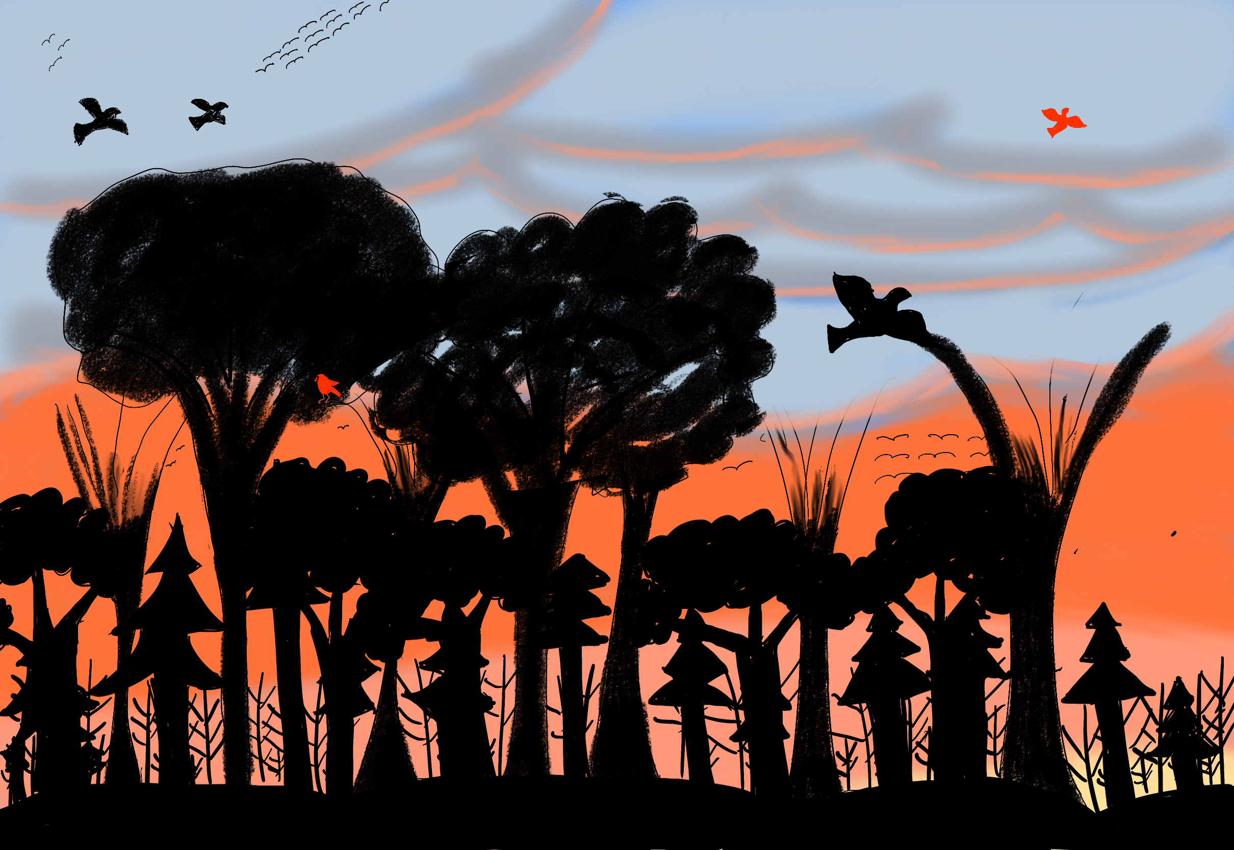 sunset with a forest foreground and near and far away birds flying, one cardinal sits in a tree