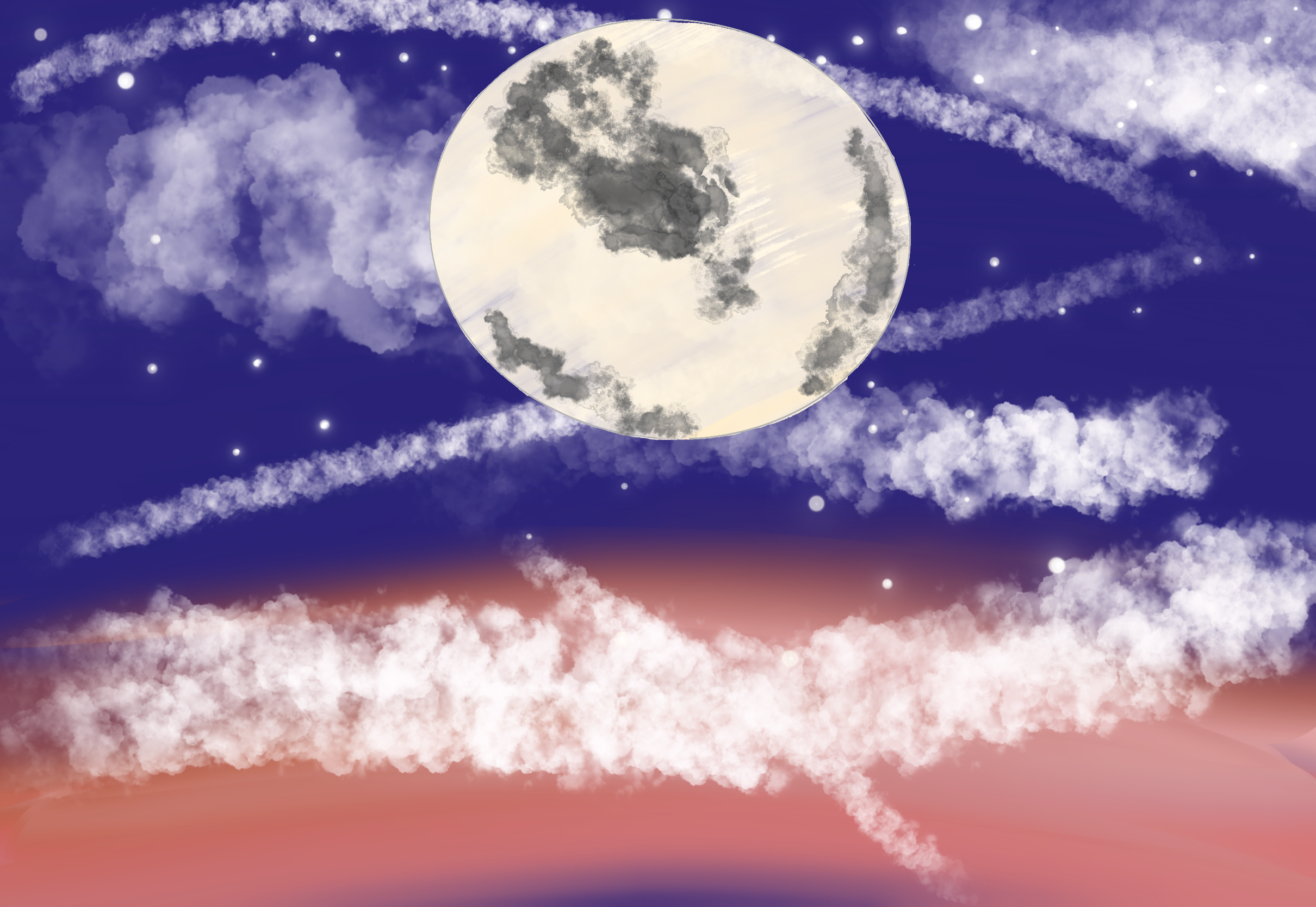 a full moon with some clouds and plane trails at sunset. stars in the darkest part of the sky.