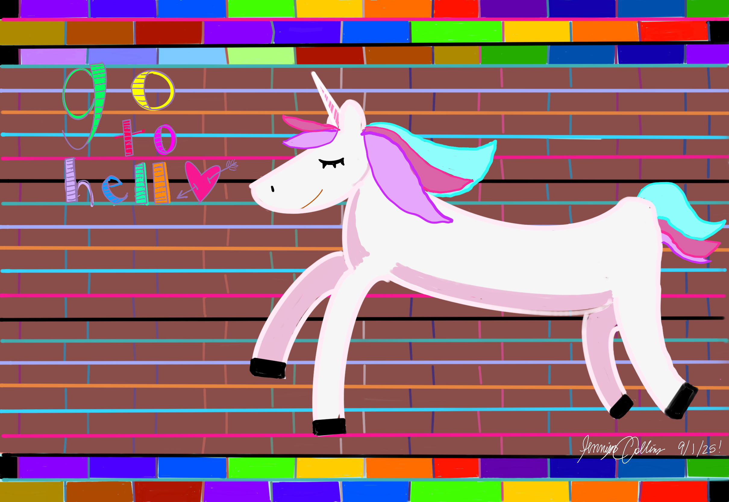 White and pink unicorn drawon on a brick wall background with the words "go to hell" with a heart on the left of the unicorn