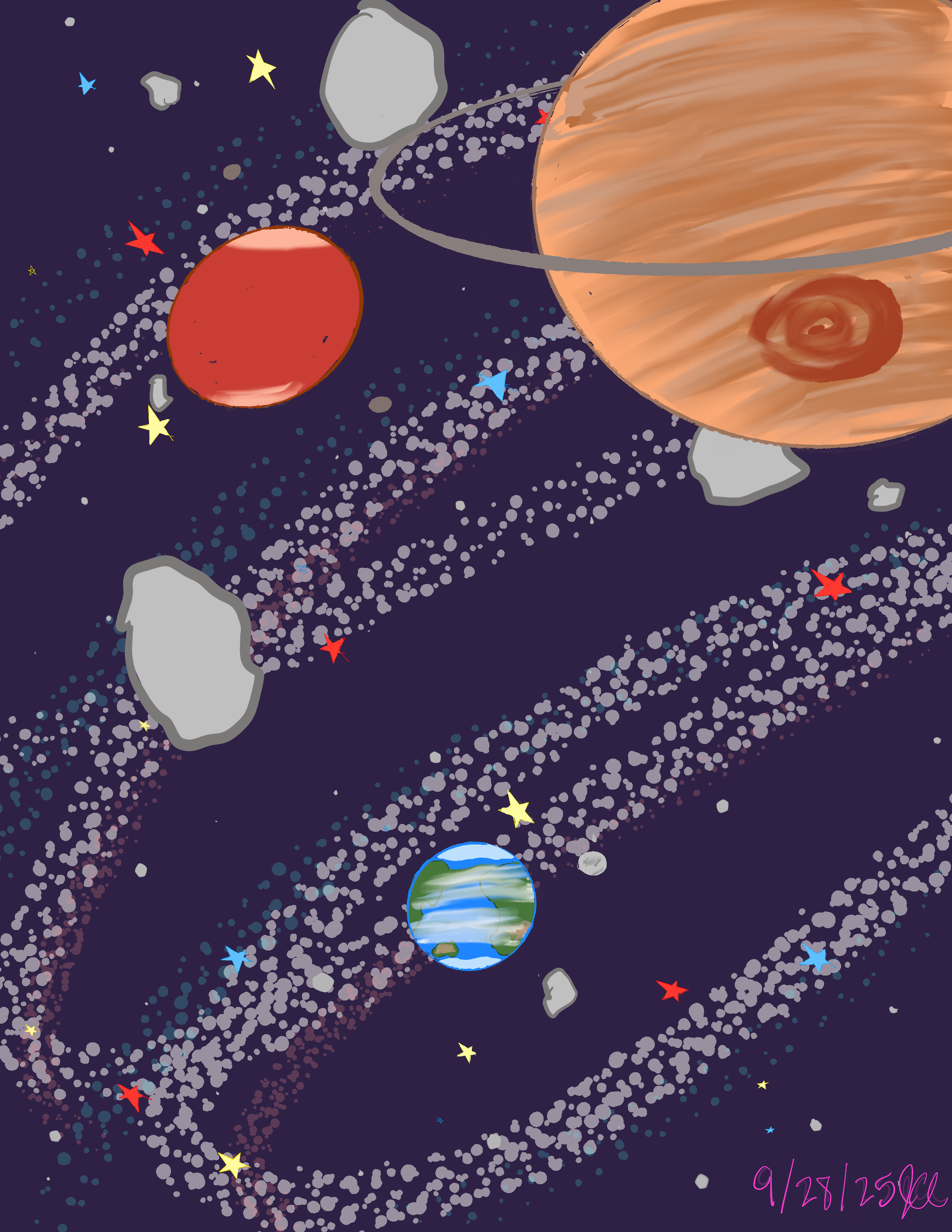 Earth, Mars, and Jupiter, with stars of various sizes and asteroids. Artistic rendition not drawn to scale