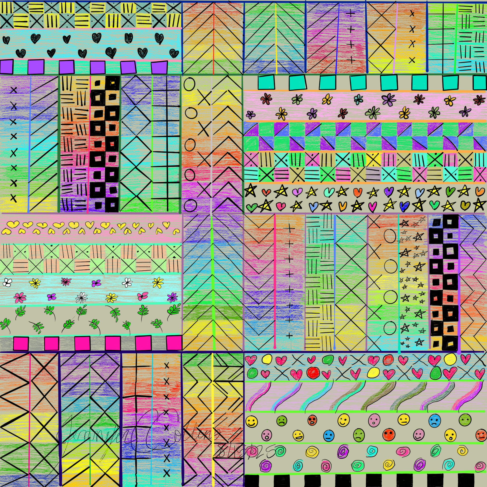 Collage with various colors, shapes, and patterns. Designed to look like a quilt pattern