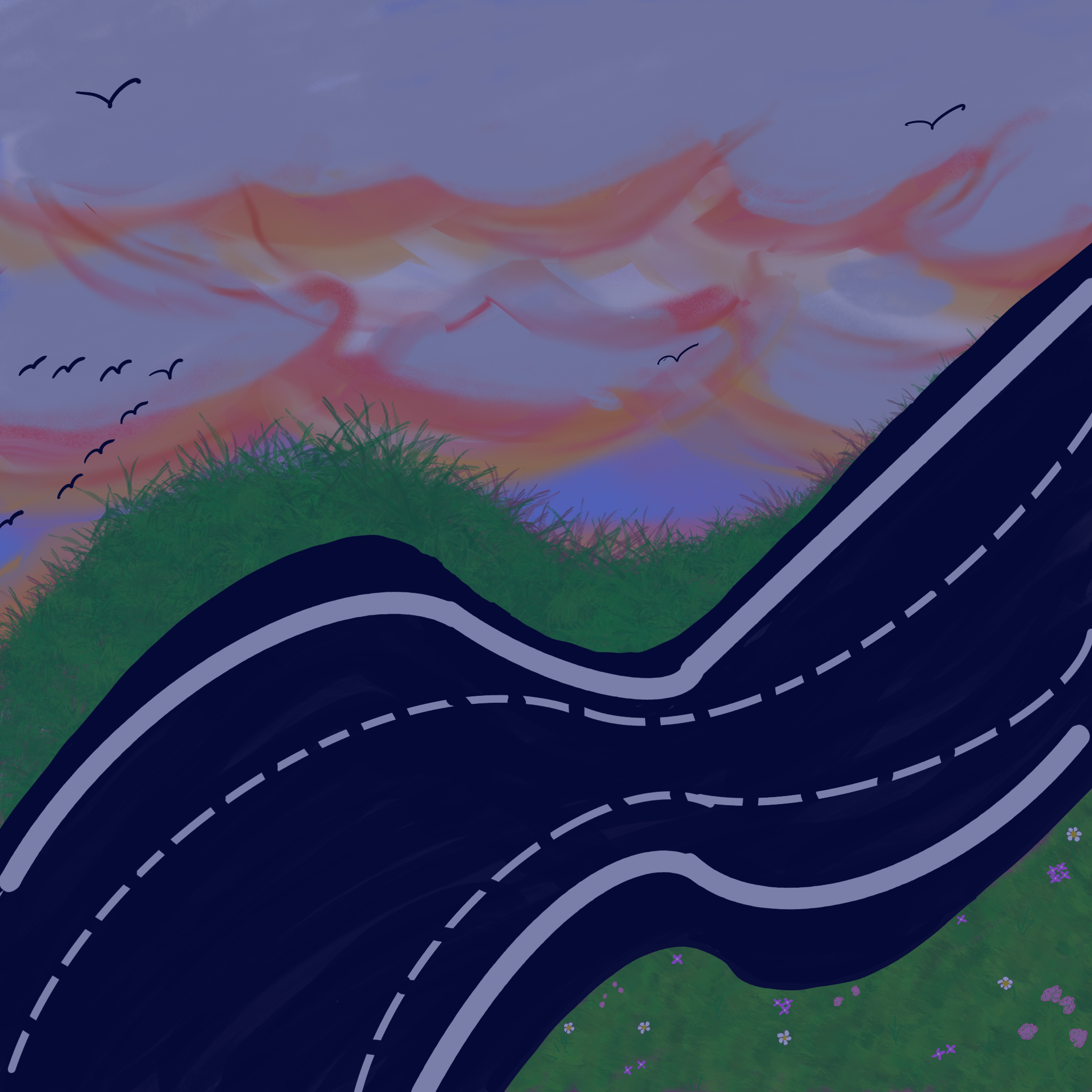 A road with with grass and plants on both shoulders and no cars on it with the sunset and far away birds in the background