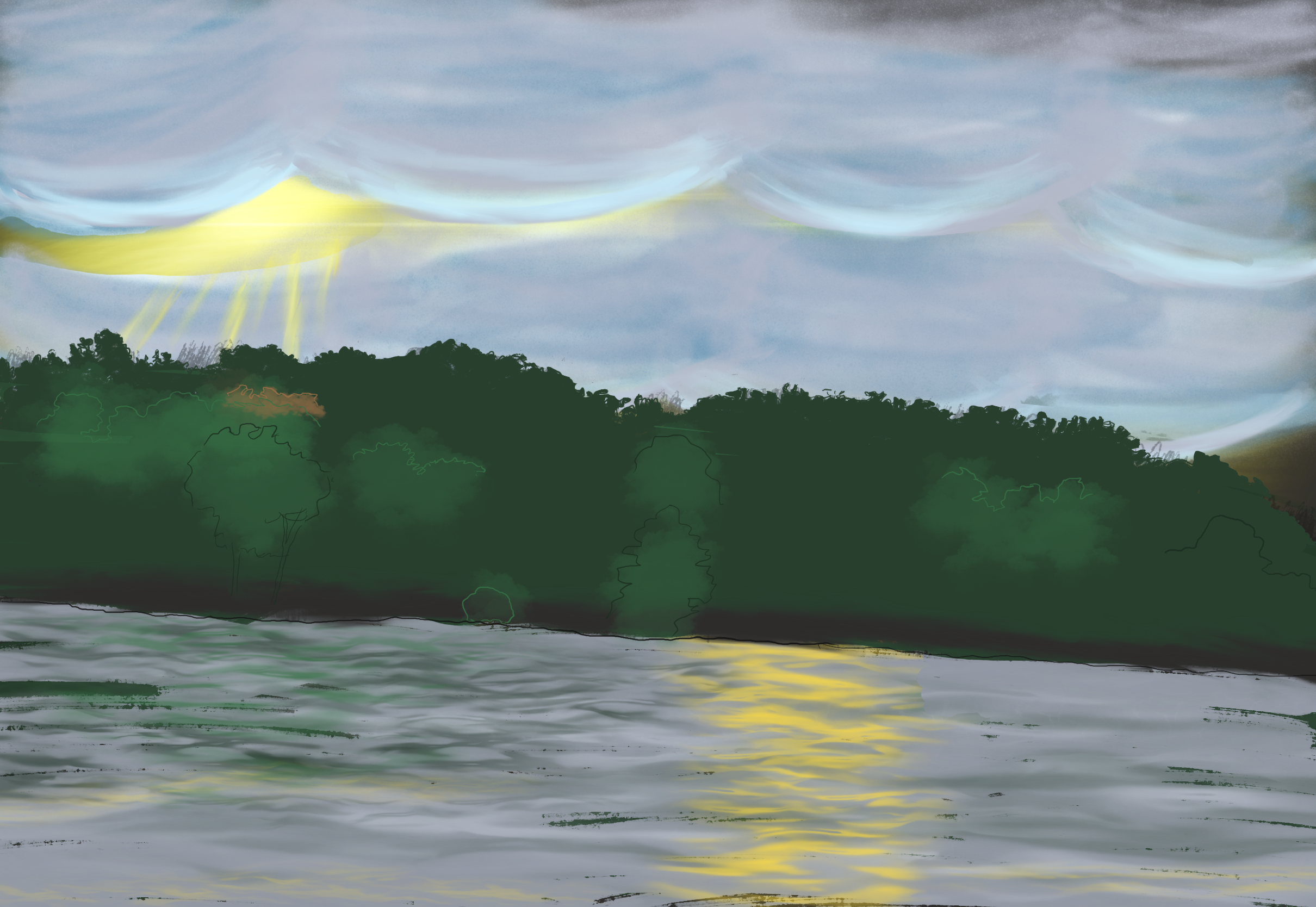 a lake in the foreground, then trees, with a cloudy sky background