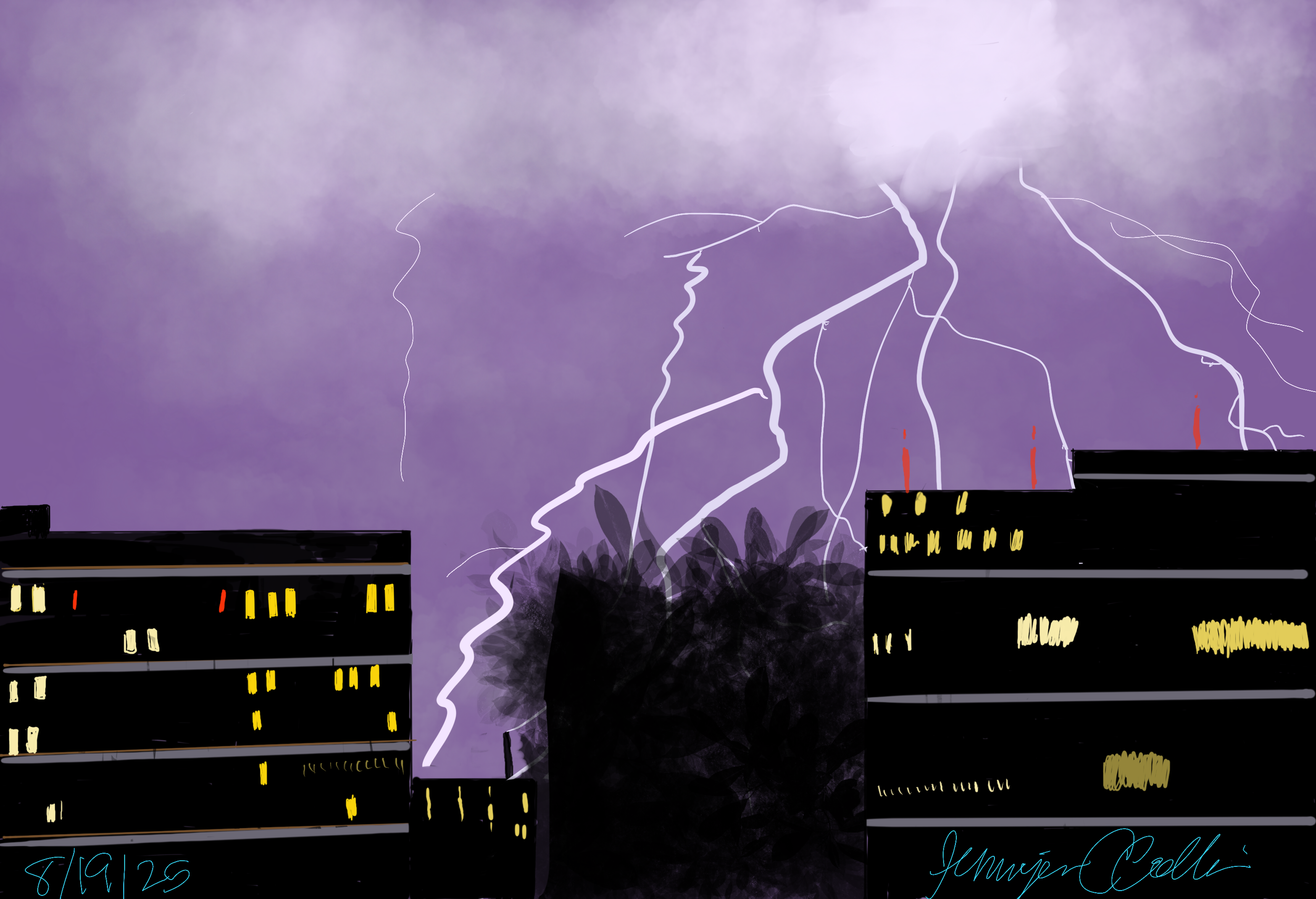 Lightning storm with dark buildings and trees in the forefront.