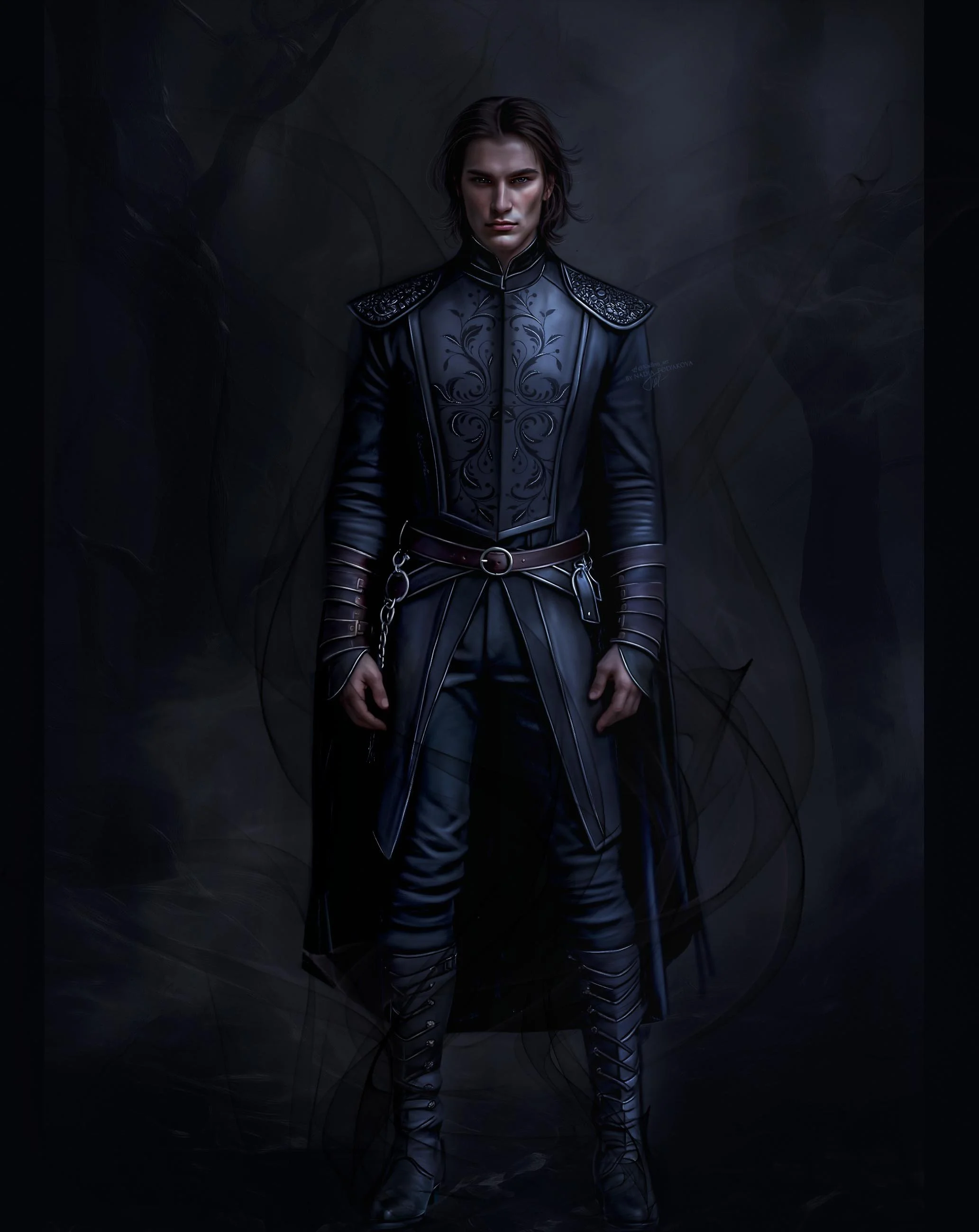 A young person with medium-length brown hair wearing a dark, ornate, leather outfit with metallic and embroidered accents, standing against a dark background with abstract lines and shapes.