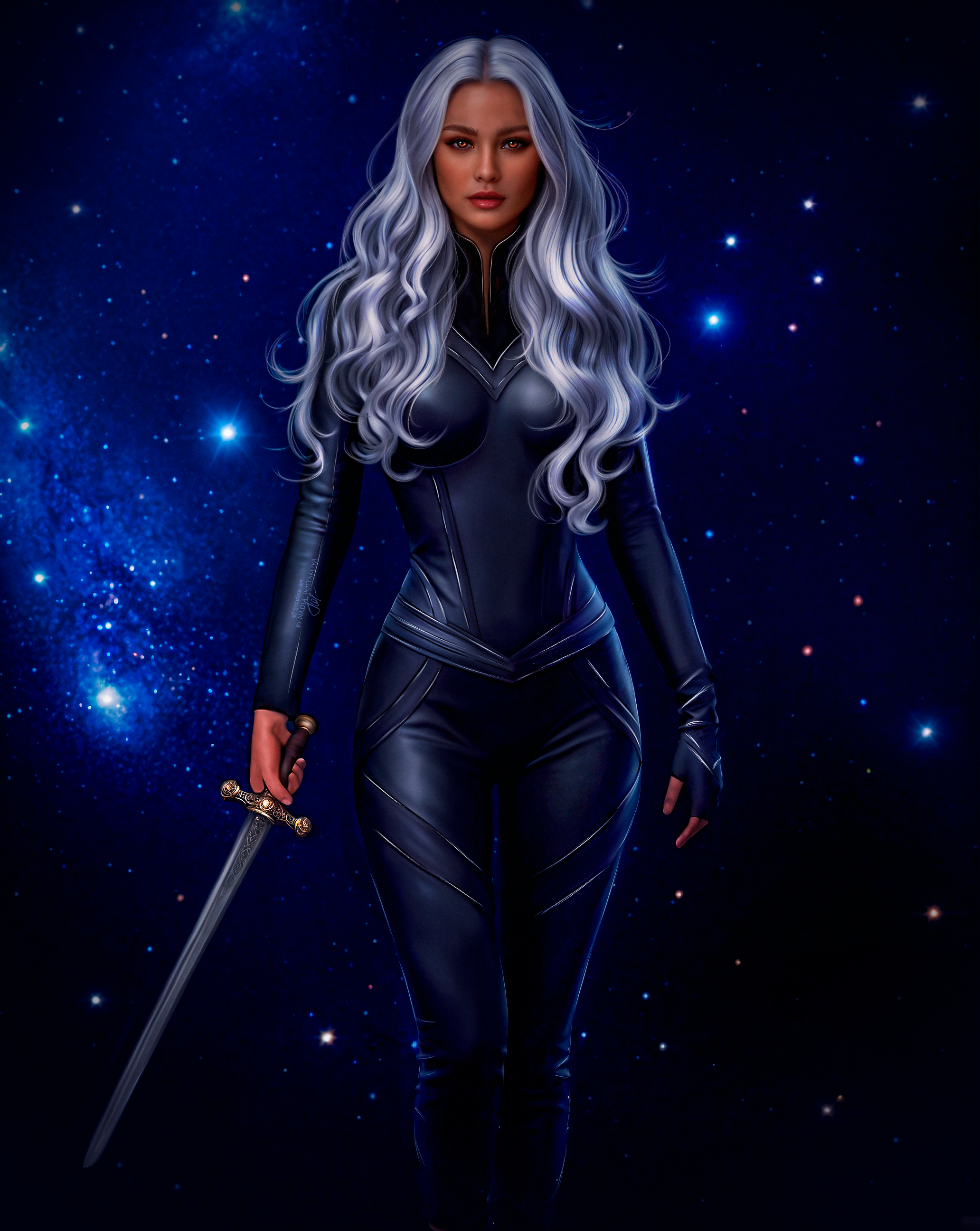 A woman with long, wavy, silver hair stands in space with a background of stars. She is dressed in a tight, black, futuristic bodysuit and wields a sword with a decorated hilt in her right hand.