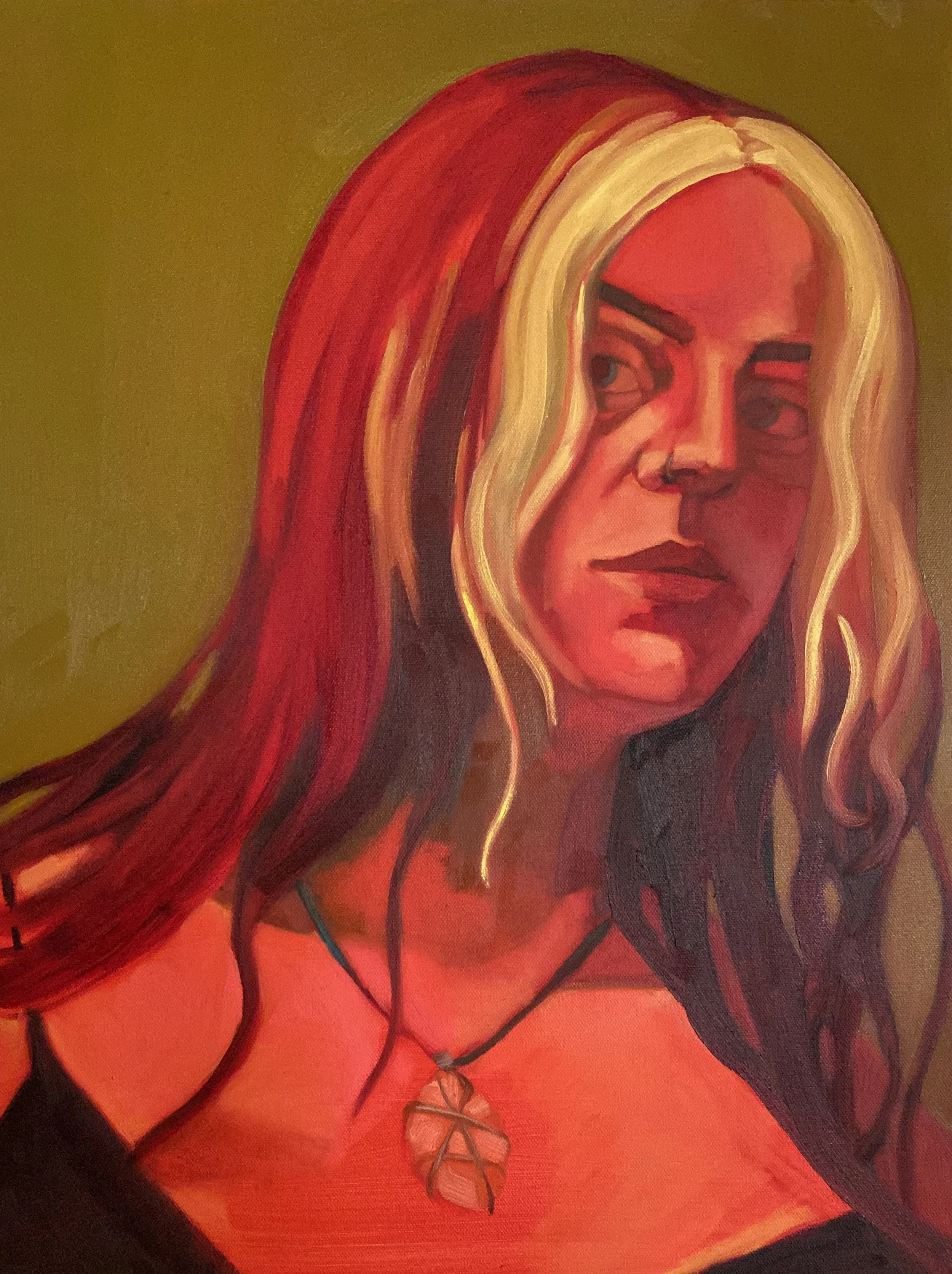 "She Brings the Bloom" acrylic and oil on canvas, 24"x18", 2023