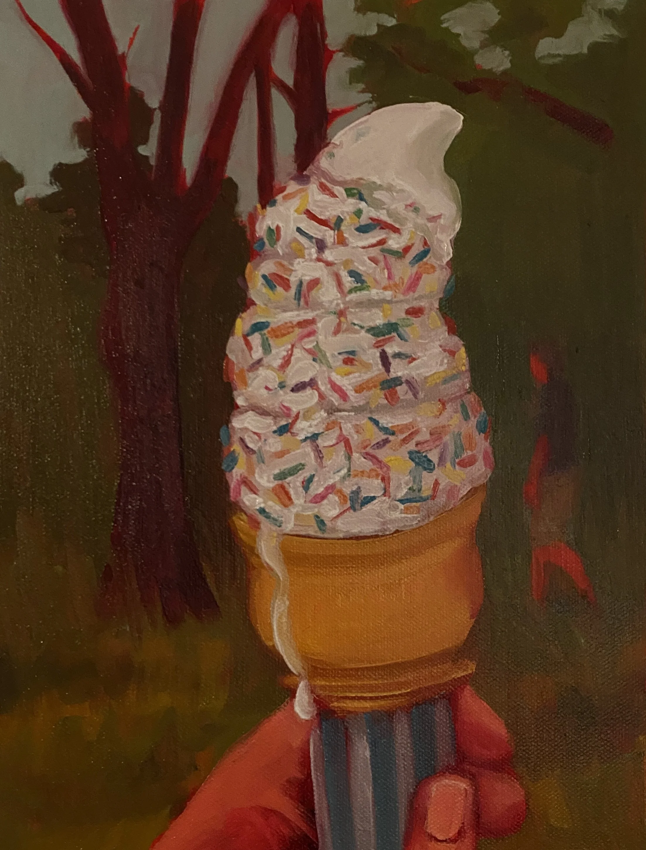 "Going Soft in the Backwoods" acrylic and oil on canvas, 12"x9", 2023