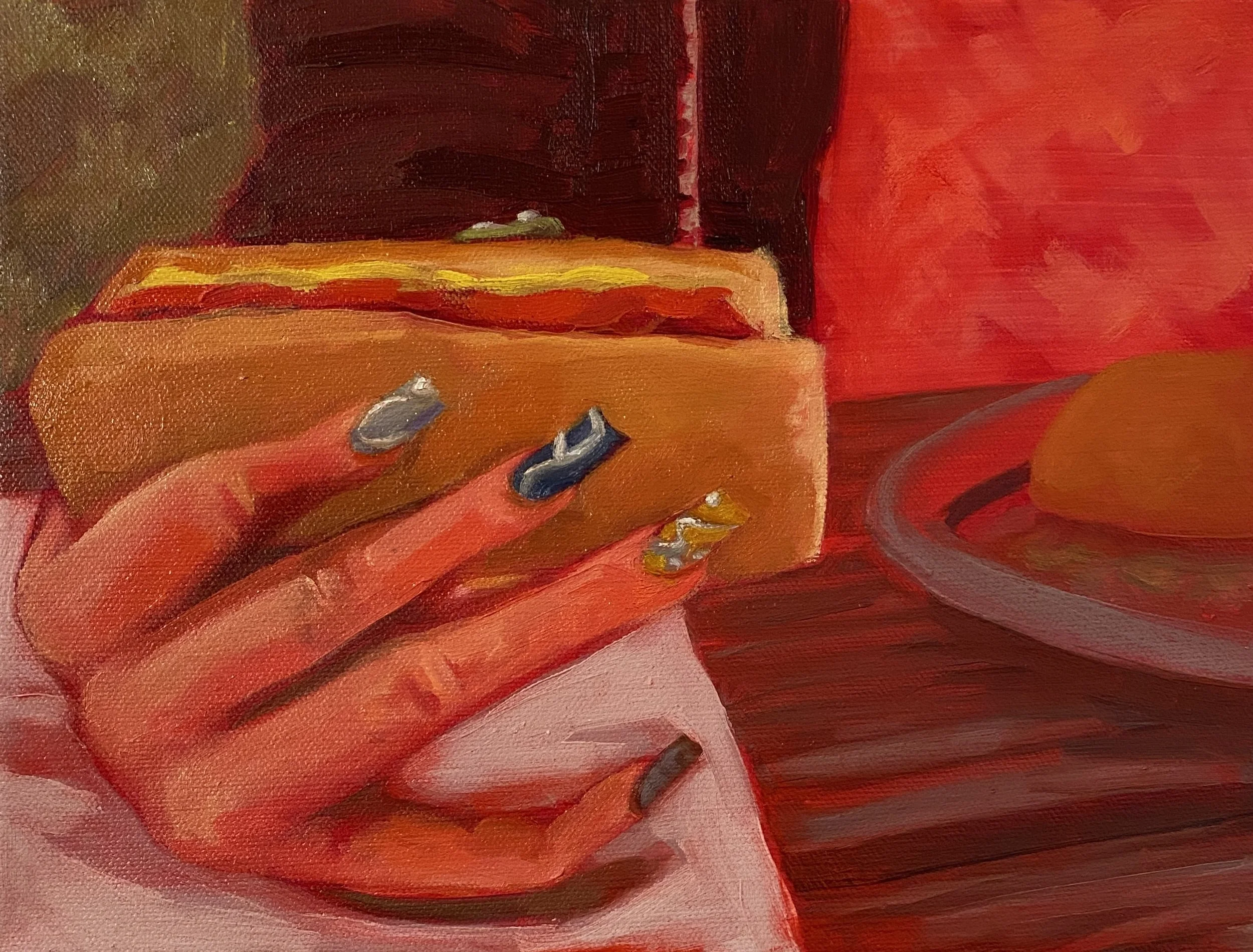 "Hot Dogging at the Picnic" acrylic and oil on canvas, 9"x12", 2023