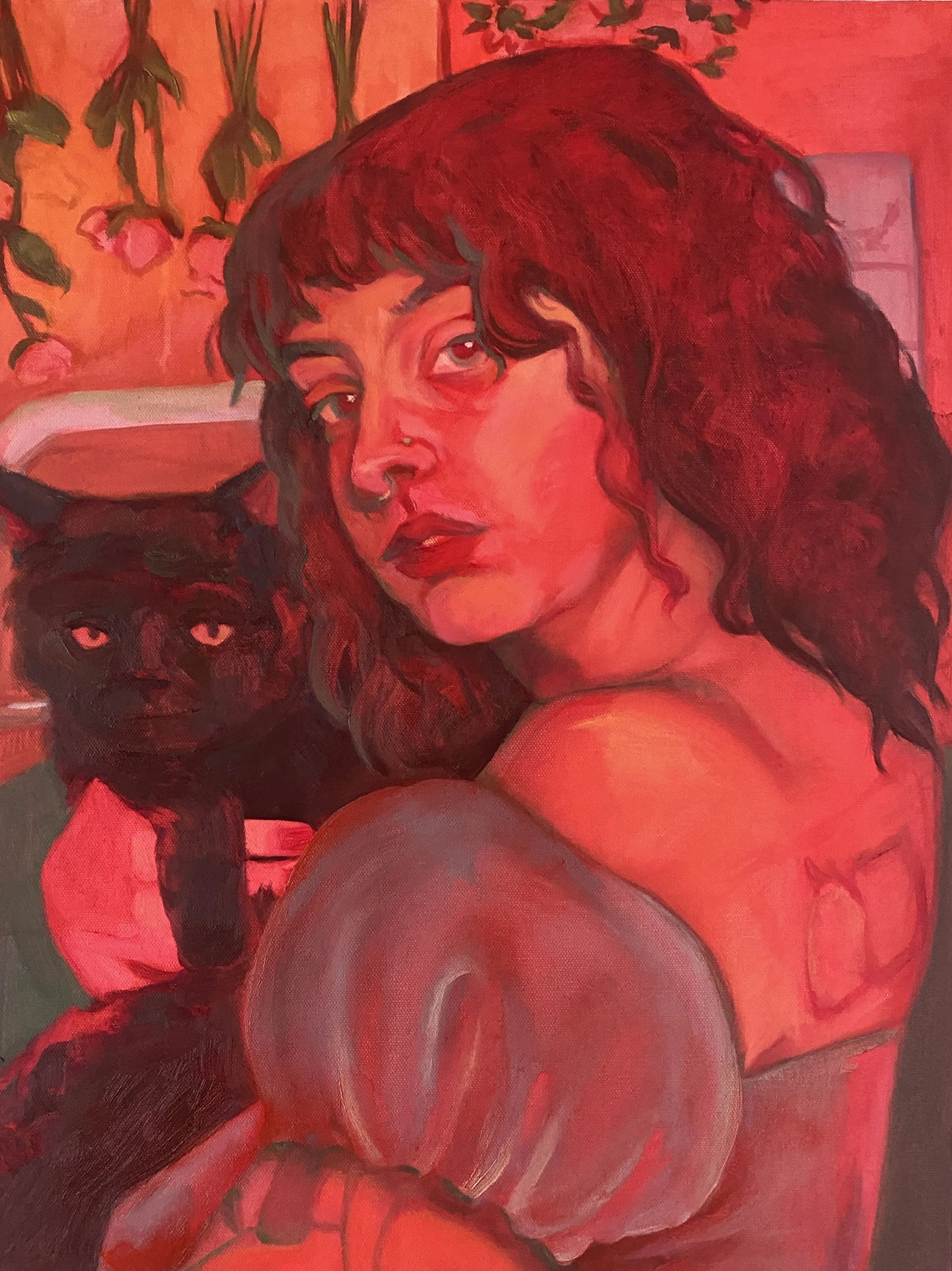 "Sydney and the Hunter" acrylic and oil on canvas, 24"x18", 2023